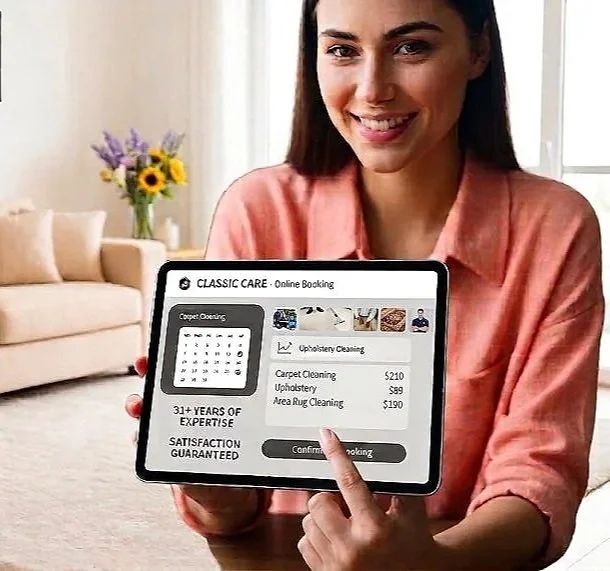 Smiling woman in pink blouse holding a tablet displaying an online cleaning service booking interface in a living room with beige furniture and a bouquet of flowers in the background.