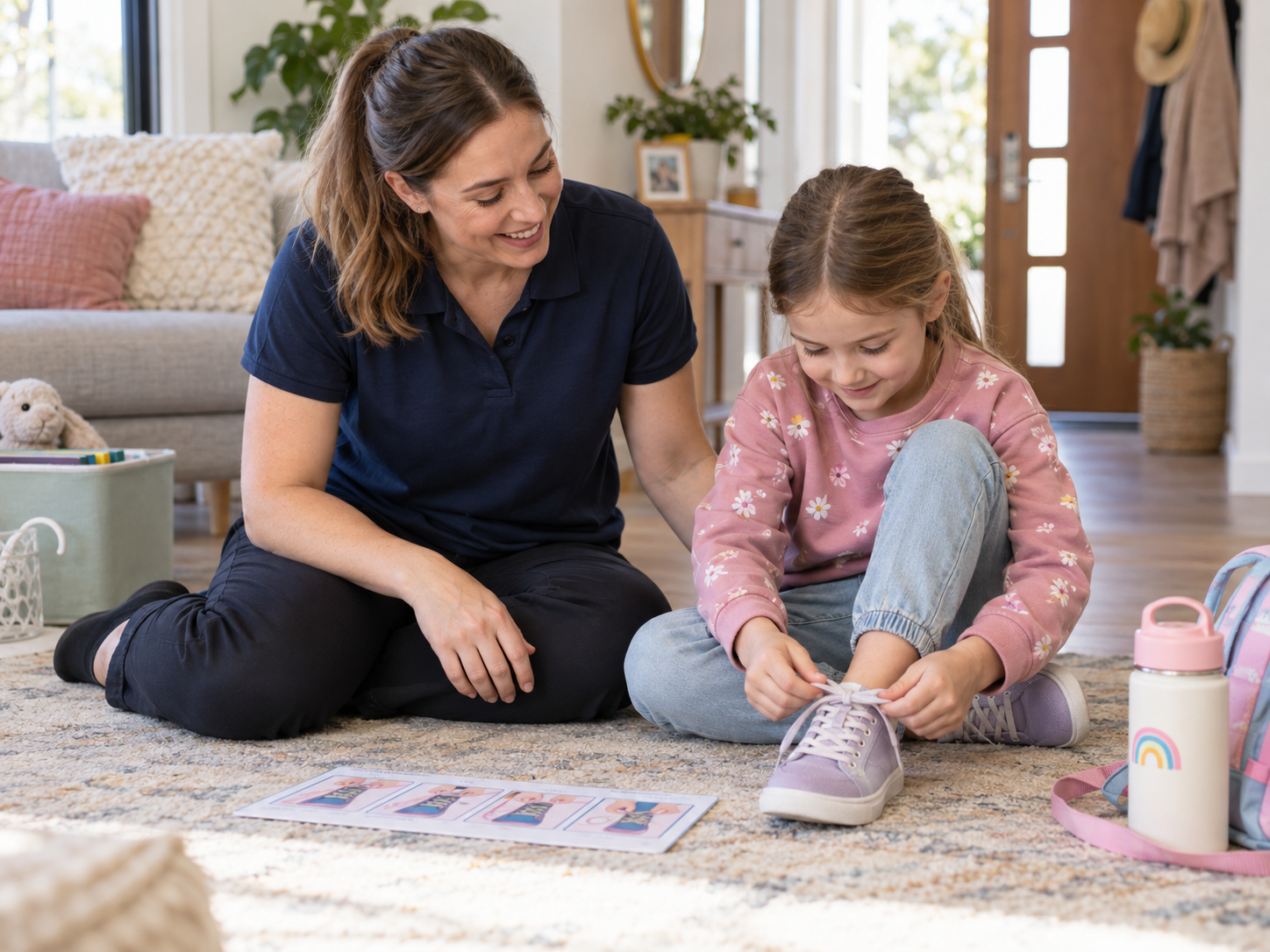 Grow & Tell therapist supporting a child during a mobile therapy appointment at home.