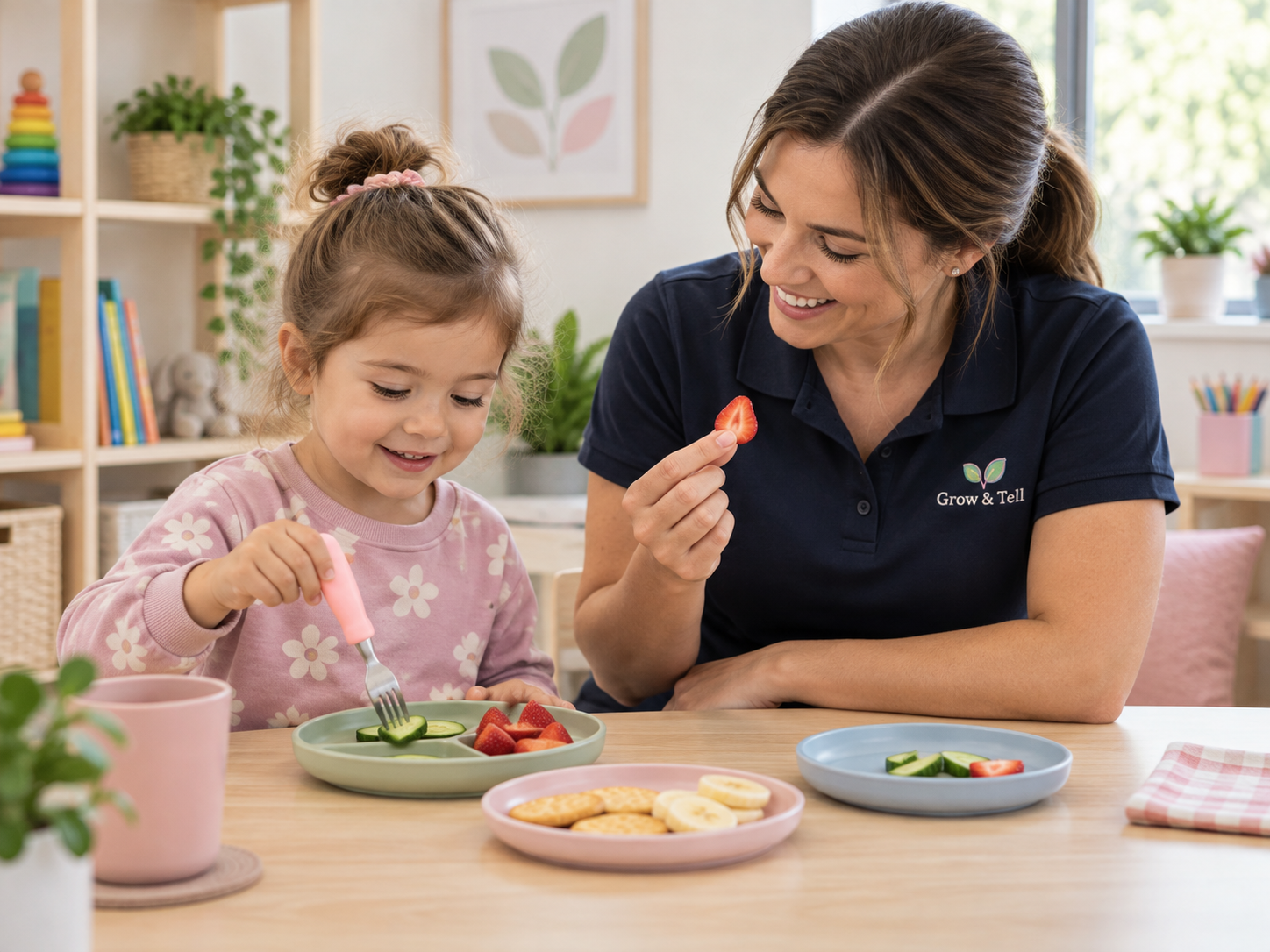 Grow & Tell clinician supporting a child to explore different foods during feeding therapy.