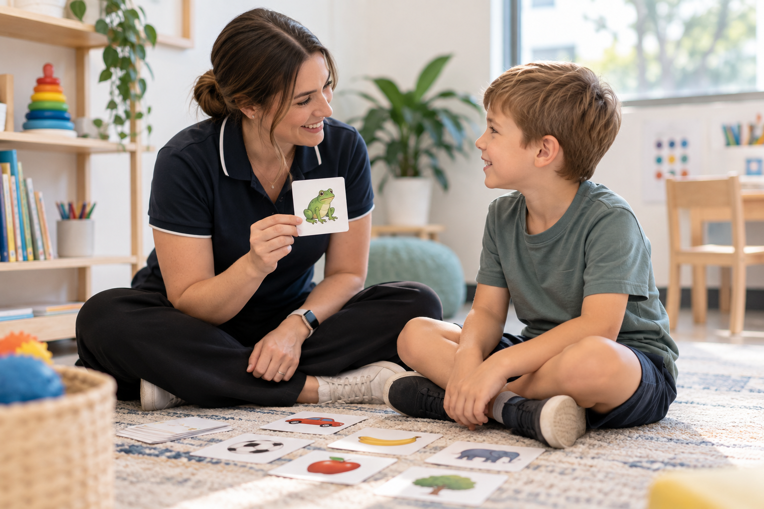 Grow & Tell speech pathologist using picture cards with a child during a therapy session.