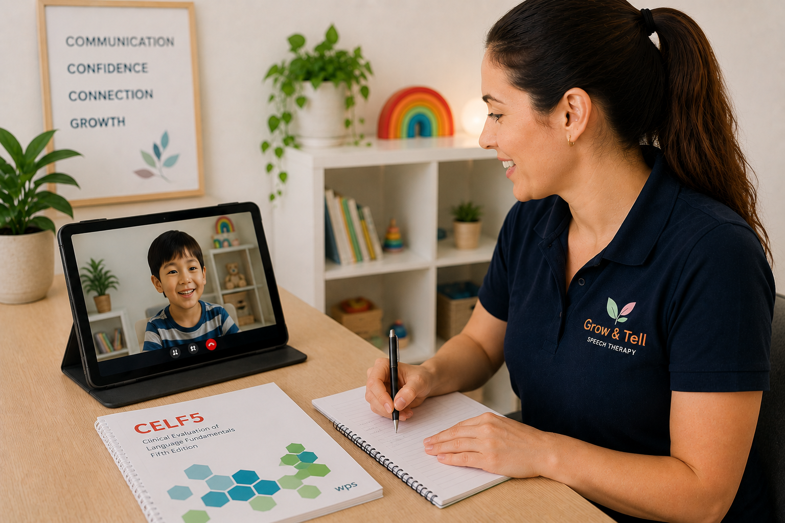 A woman in a dark blue shirt with 'Grow & Tell Speech Therapy' embroidered on it is smiling and taking notes while a young boy appears on a video call on a tablet in front of her. The background features a white bookshelf with books and decorative items, and a framed poster listing words like 'Communication,' 'Confidence,' 'Connection,' and 'Growth.'