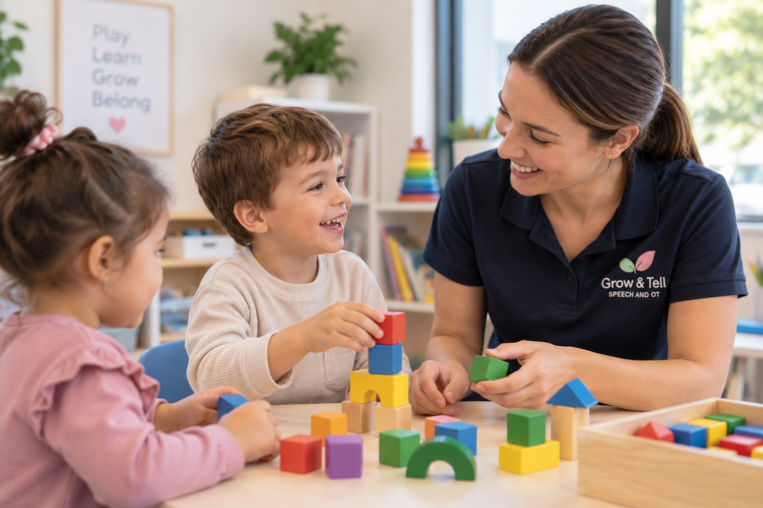 A woman and a girl playing with a colorful board game at a table in a playroom filled with toys.