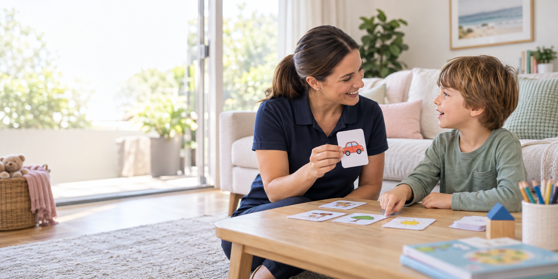 Grow & Tell speech pathologist providing mobile speech therapy to a child at home.
