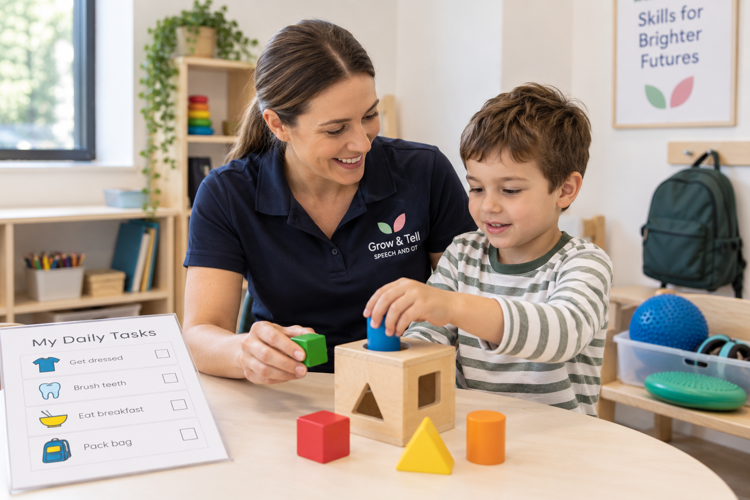 A woman and a young boy playing with colorful wooden stacking blocks at a light blue table in a classroom or playroom. The woman is smiling and guiding the boy as he stacks the blocks. There is a white wall with a brick pattern in the background, a globe on the table, and shelves with various stationery and toys.