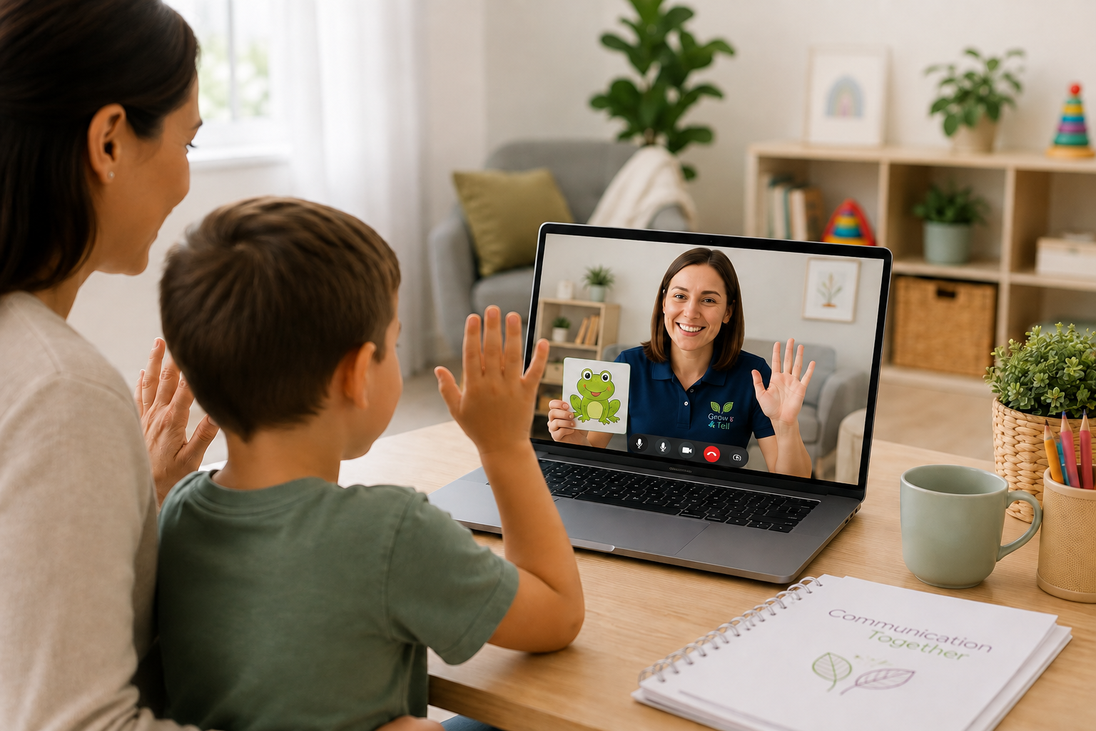 A woman and a child talking to a woman on a laptop video call. The woman on the call is holding a frog picture and waving. The scene is set in a cozy living room with a bookshelf, plants, and a notebook labeled 'Communication Together'.