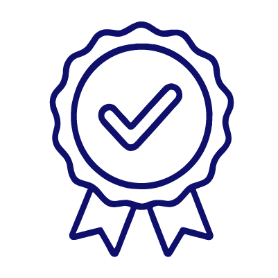 Outline of a certification badge with a check mark in the center