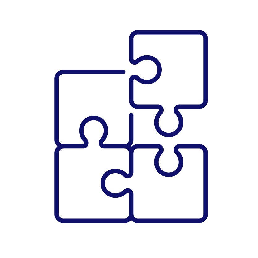 Outline of four interlocking puzzle pieces in dark blue.