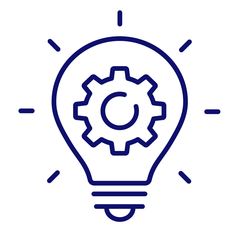 Outline of a lightbulb with a gear inside, representing an idea or innovation.