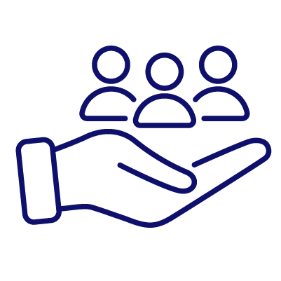 Outline of a hand holding three customer icons