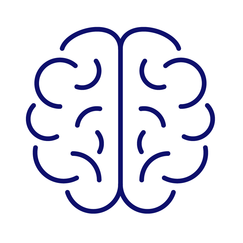 Illustration of a human brain with a simplified, stylized design in dark blue on a black background.