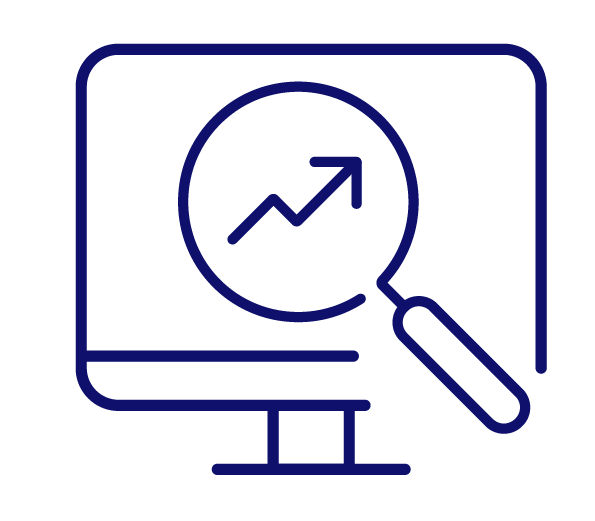 Outline of a desktop under a magnifying glass, with an arrow moving up and to the right