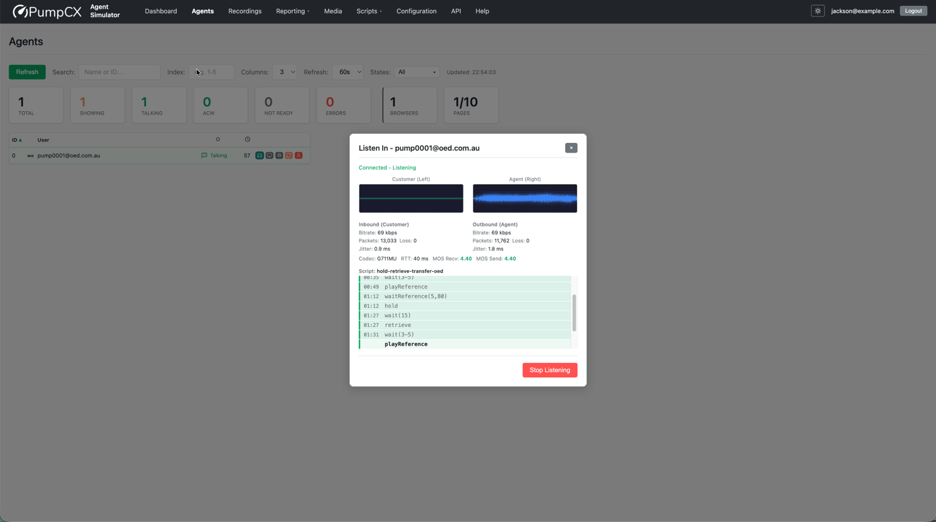 Screenshot showing the PumpCX virtual agent during a NiCE assurance test