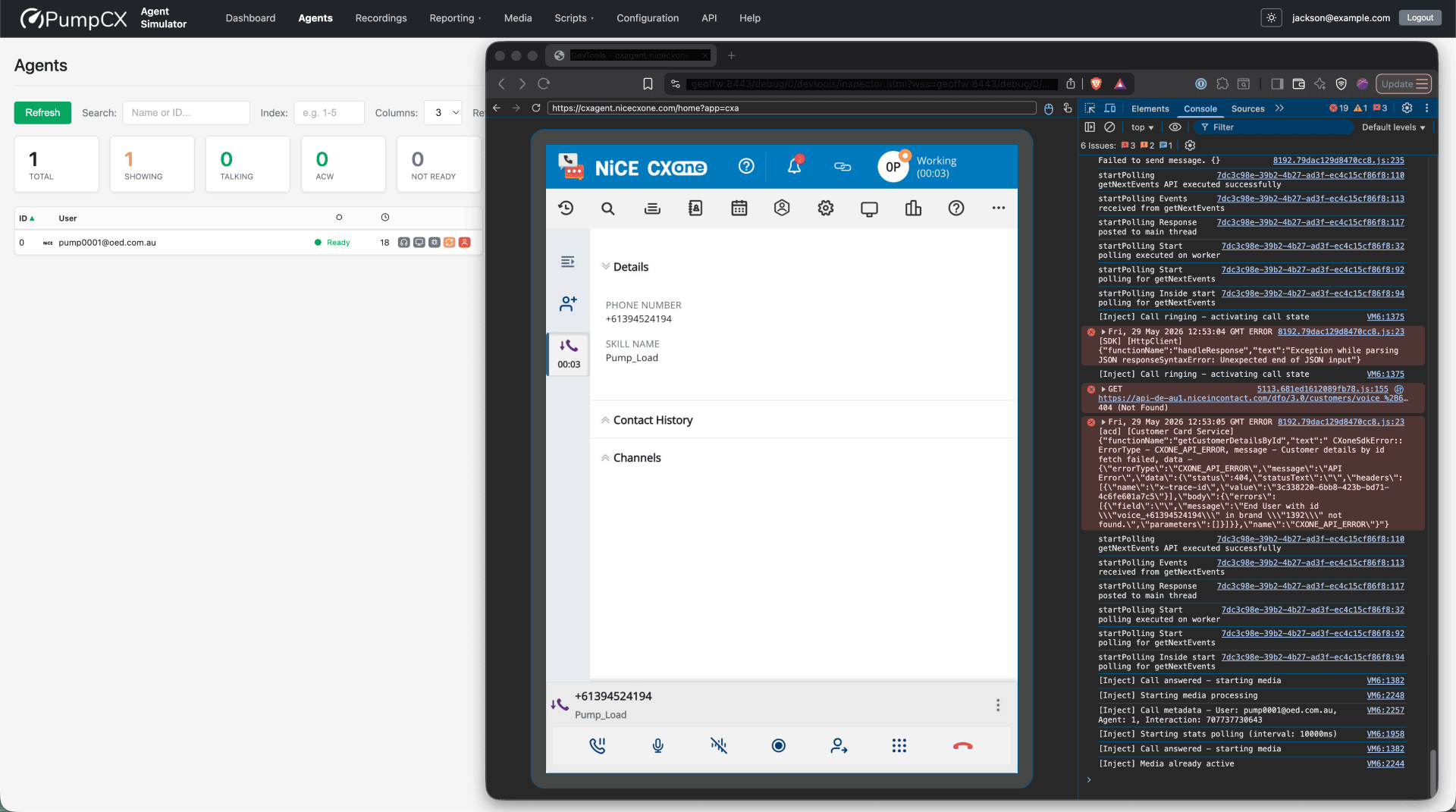 Screenshot showing the PumpCX virtual agent during a NiCE assurance test