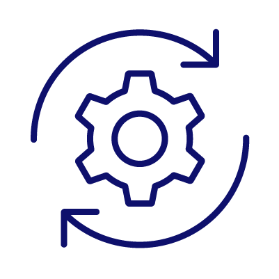 Outline of a gear icon at the center of two circular arrows