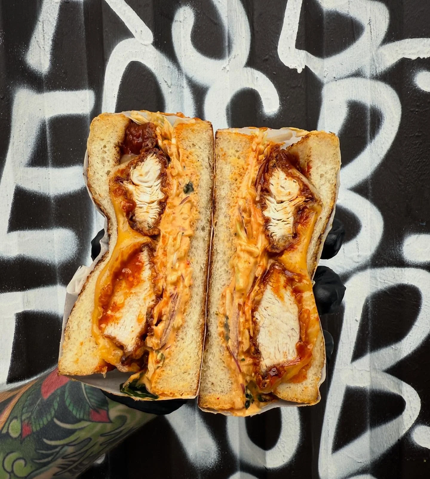 NEW SANDO SPESH! 🍗 🥪 

Buttermilk chicken dipped in our house made Korean buffalo sauce, crunchy asian style slaw, house made pickles, kimchi &amp; sesame mayo, monterey jack &amp; american cheeeeese on @zees_heaton milk loaf.

I can&rsquo;t take t