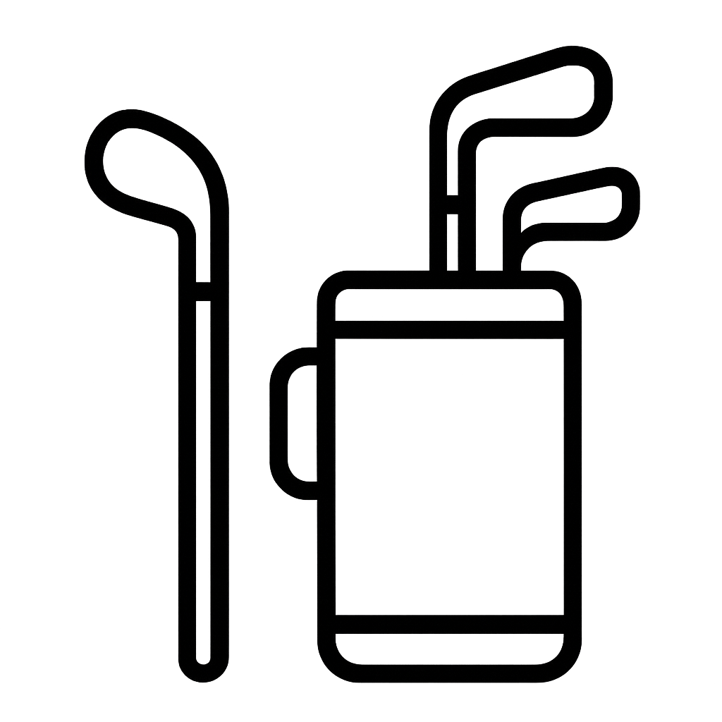 Outline drawing of a golf bag with clubs and a golf tee.