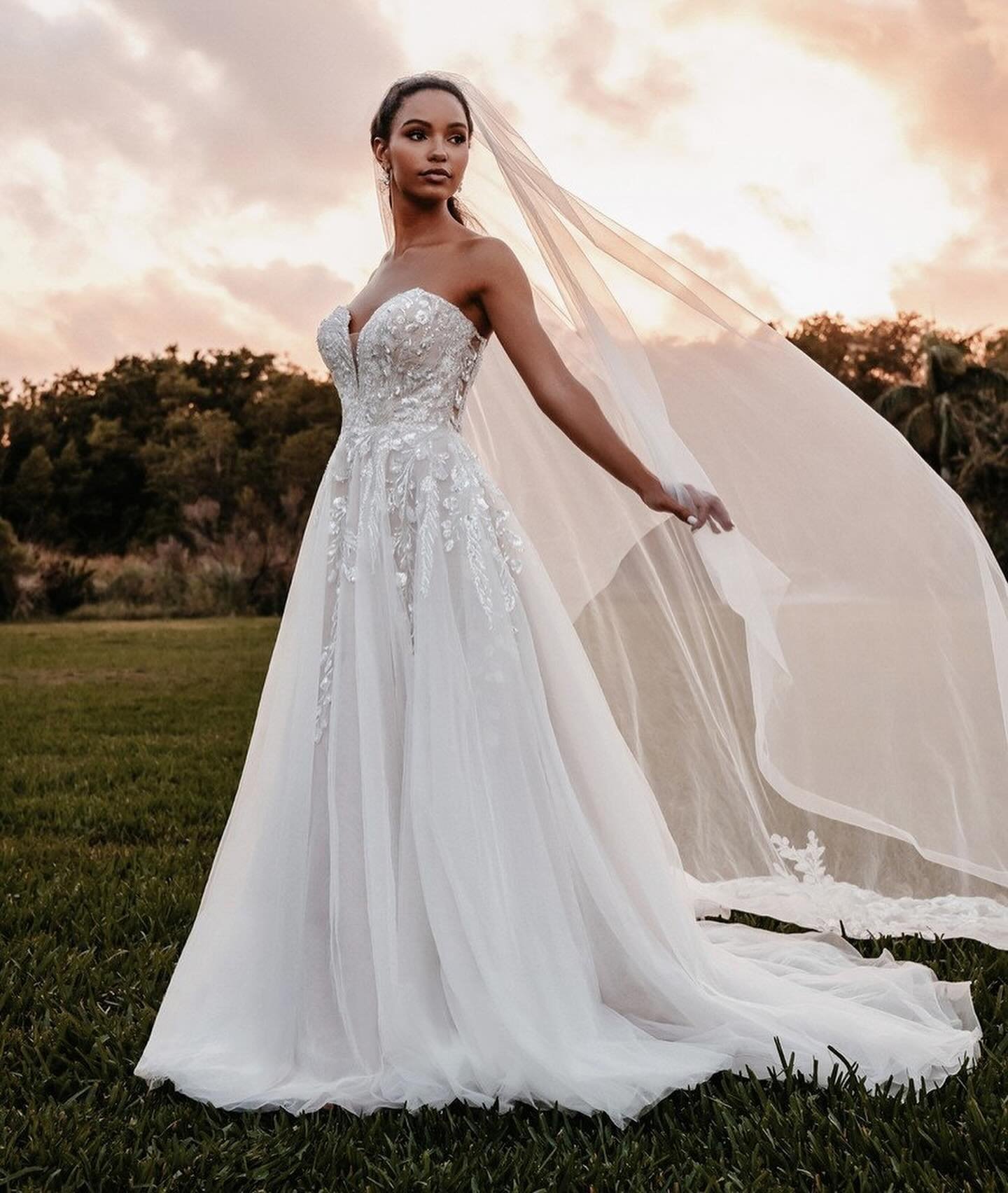 ✨ Meet 9852!! ✨

I am genuinely obsessed with this dress and her beautiful sparkle detailing!! Textured leaves and vines climb the bodice and sheer back of this strapless, aline style. She has a plunge sweetheart neckline and stunning illusion back!
