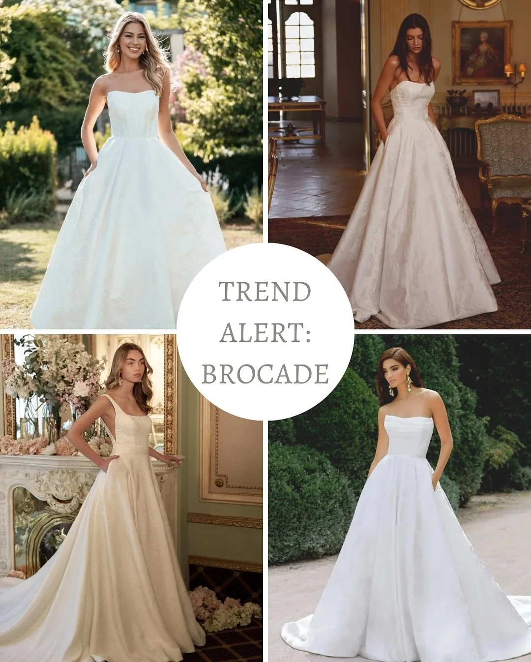 Brocade is of my favourite trends in Bridal at the moment! Perfect for brides who love detail on their dress but want an alternative to lace. 

Brocade prints vary, usually centred around a floral pattern; some have a subtle sheen whilst others have 
