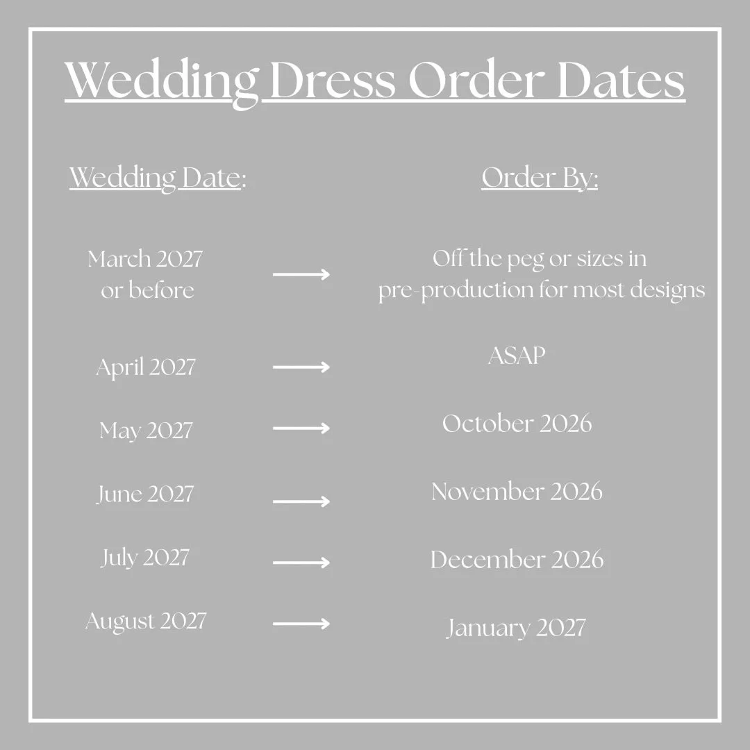 When do you need to book your bridal appointment?

These are the *absolute latest* dates you will be able to get standard delivery with the designers in store - I don&rsquo;t advise leaving if that late if you can avoid it!

Delivery dates are curren
