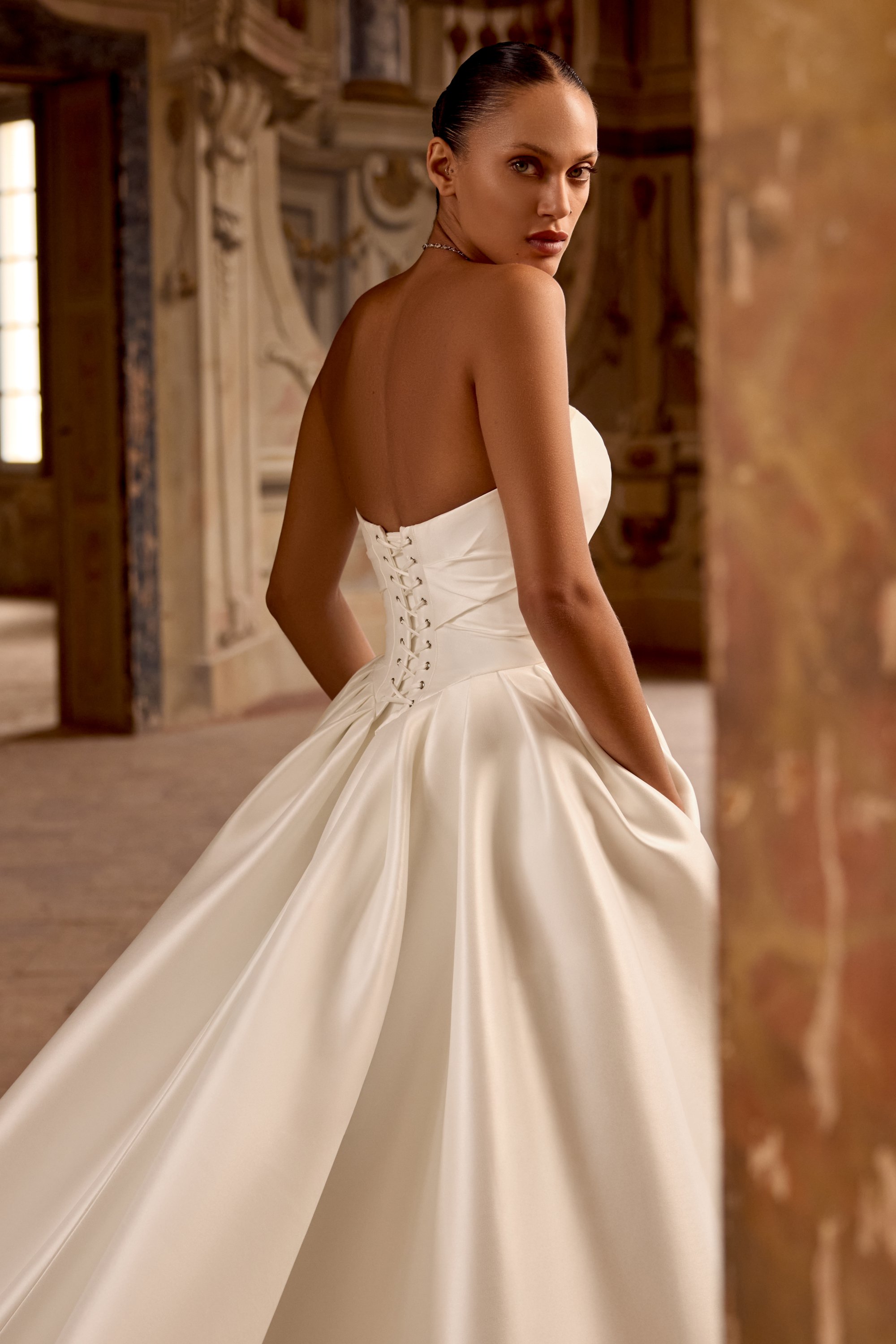 Justin Alexander Kelsey Mikado Ball Gown Wedding Dress with Basque Waist at Betty McCaul Bridal