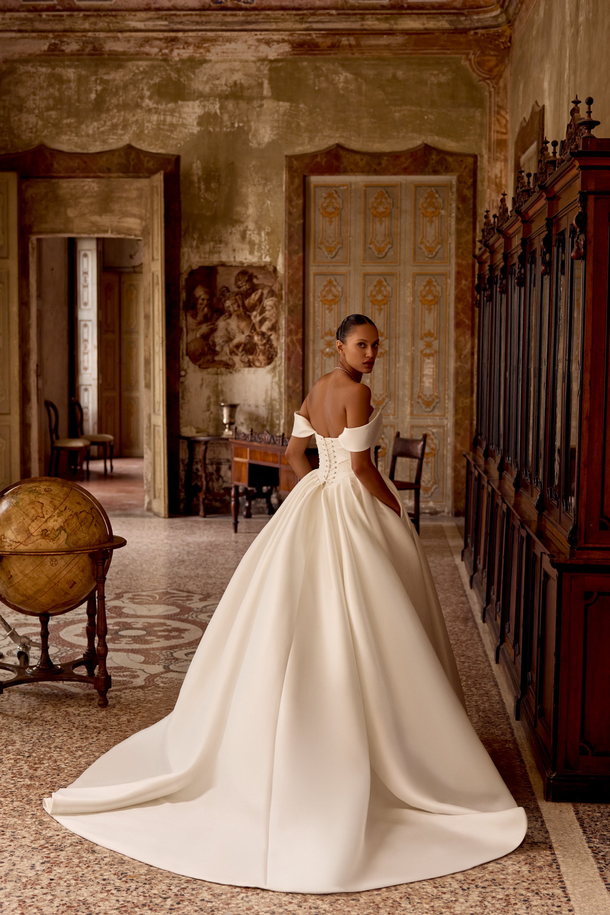 Justin Alexander Kelsey Mikado Ball Gown Wedding Dress with Basque Waist at Betty McCaul Bridal
