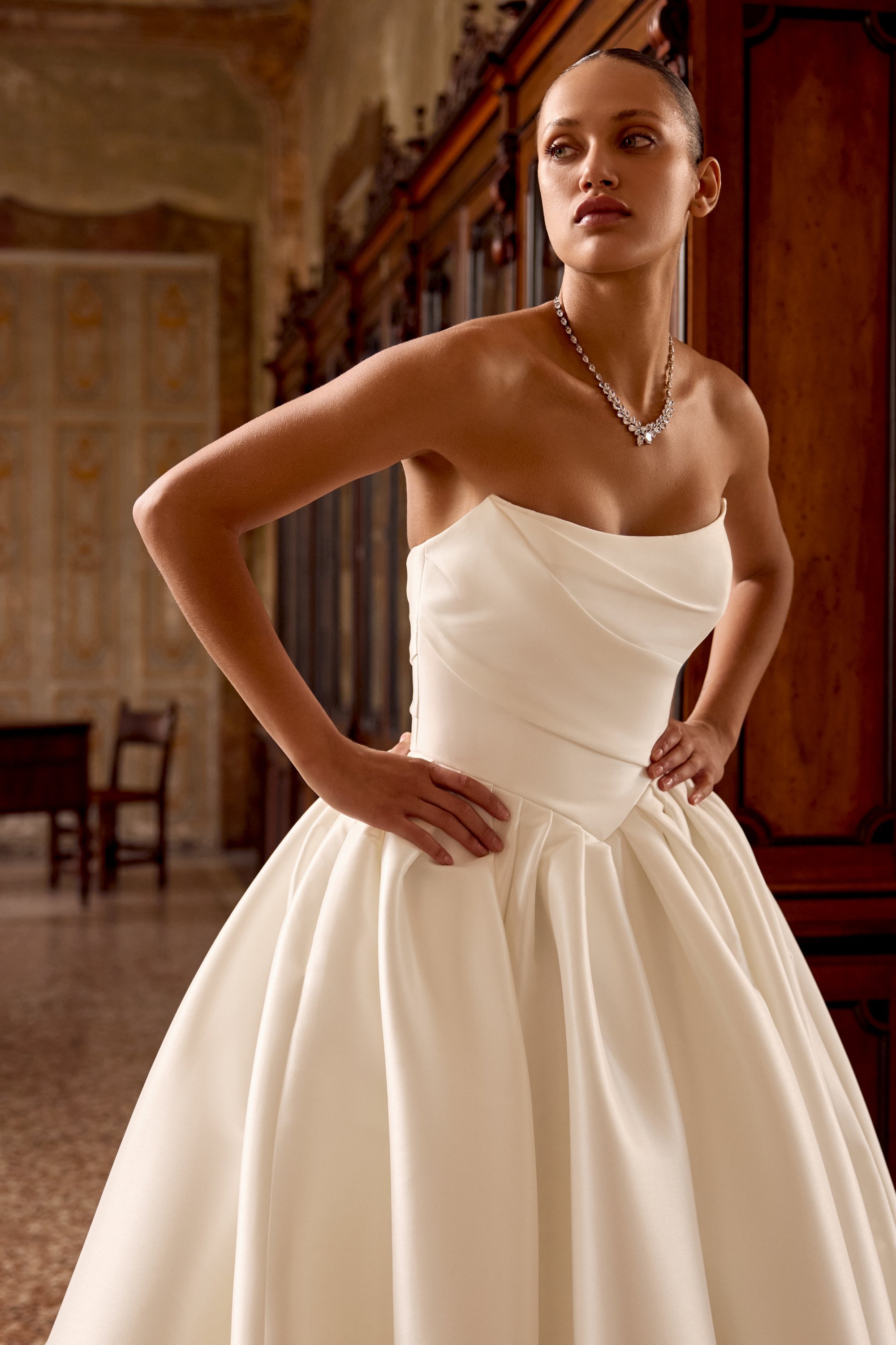 Justin Alexander Kelsey Mikado Ball Gown Wedding Dress with Basque Waist at Betty McCaul Bridal