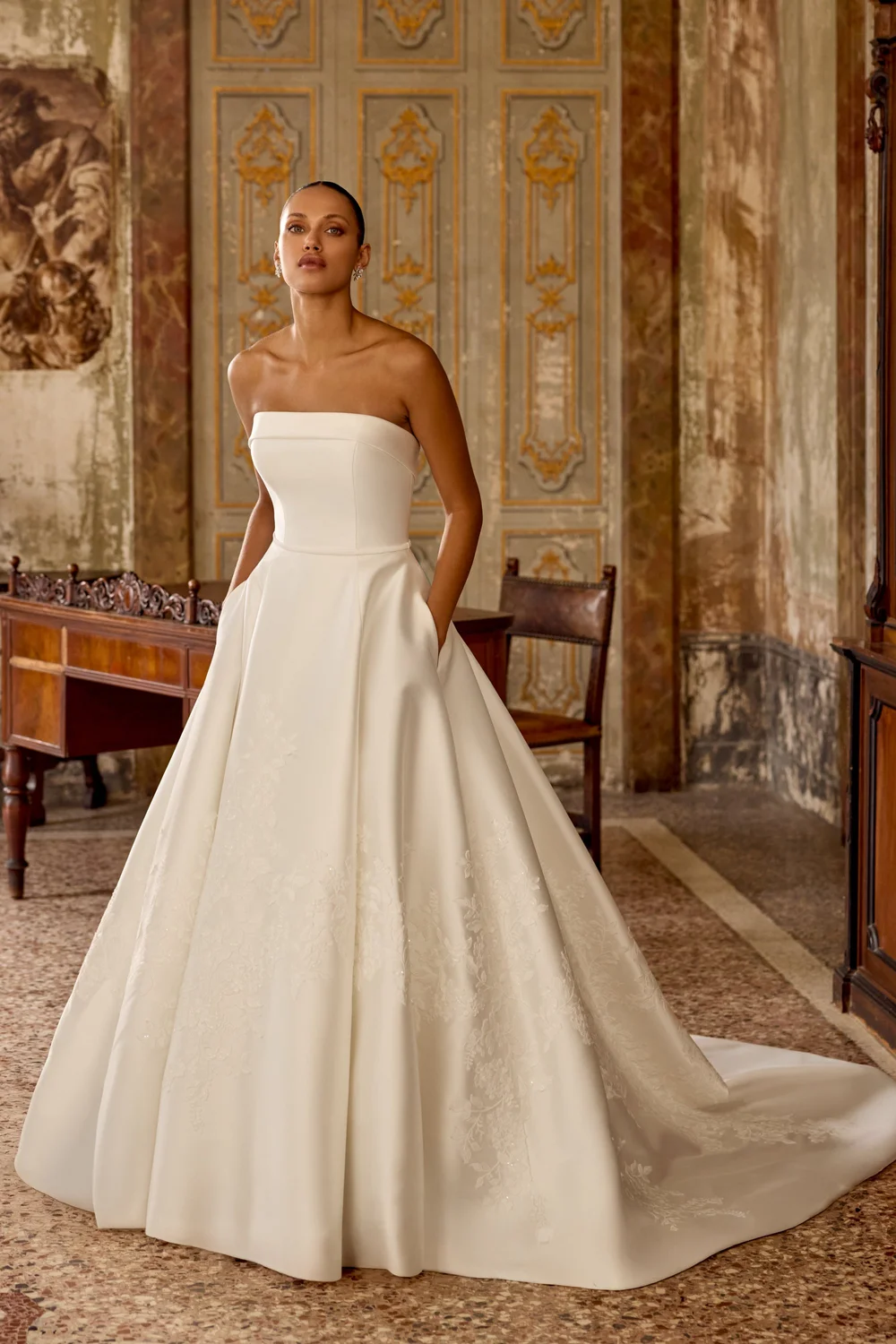 Justin Alexander Kaydence Mikado A-Line Gown with Embroidered Sequined Lace  on Skirt Wedding Dress  Betty McCaul Bridal Outlet