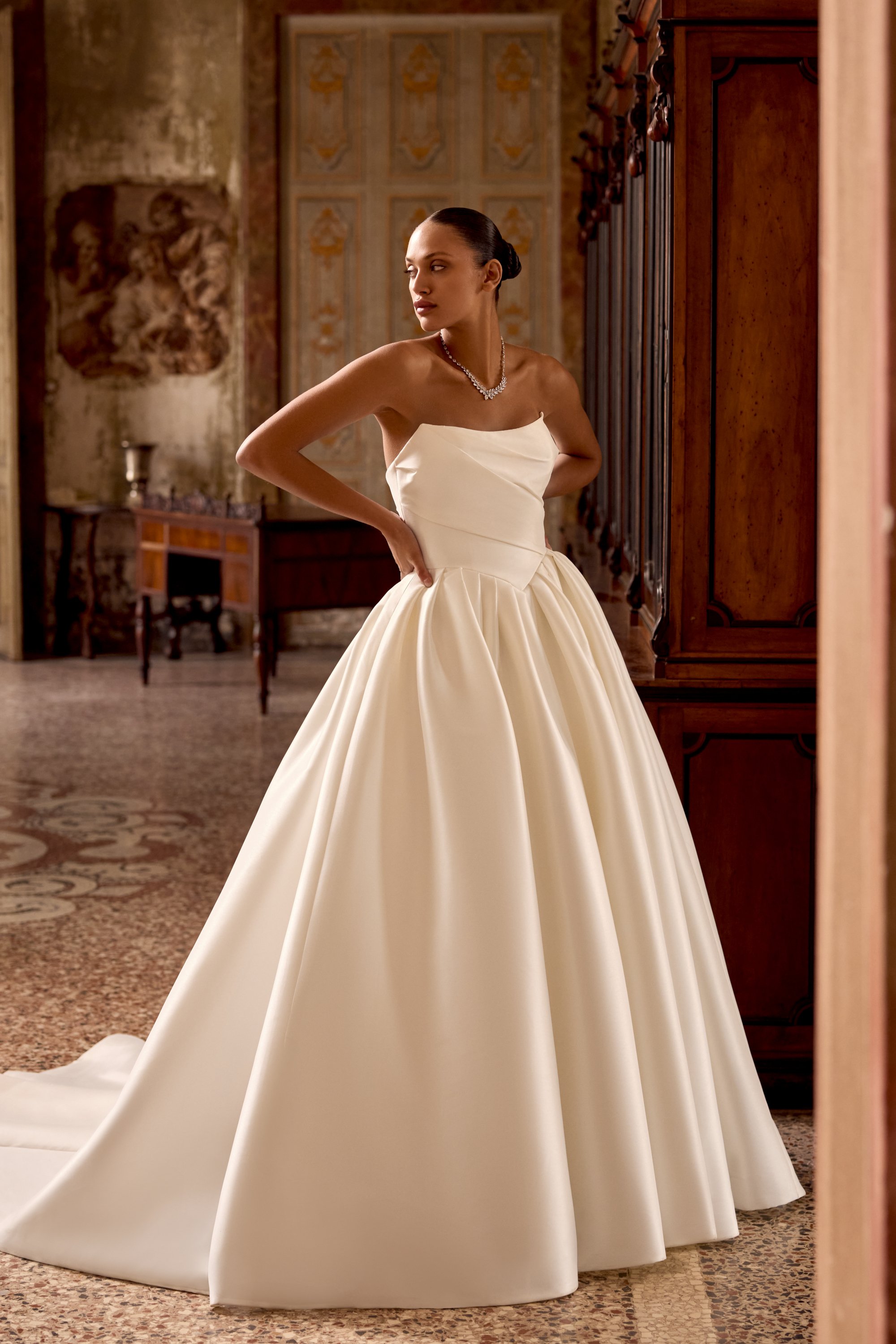 Justin Alexander Kelsey Mikado Ball Gown Wedding Dress with Basque Waist at Betty McCaul Bridal