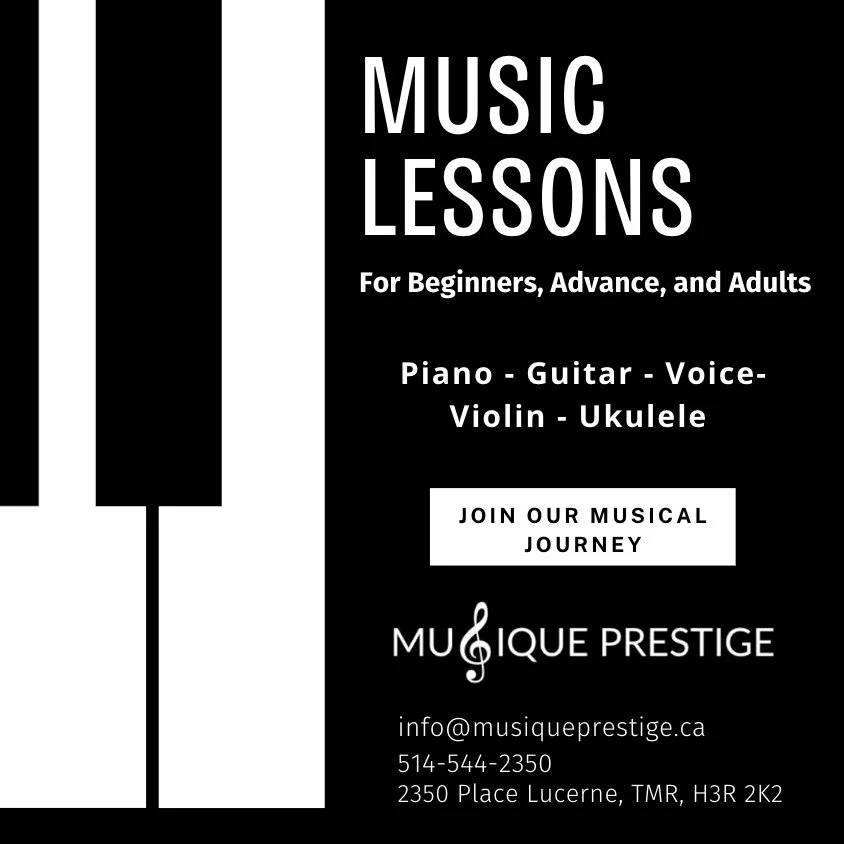 Discover the joy of music with Musique Prestige 🎶
Lessons available for piano, guitar, voice, violin, and ukulele for beginners, advanced students, and adults.

Start your musical journey today.

✉️ info@musiqueprestige.ca
📞 514-544-2350
📍 2350 Pl