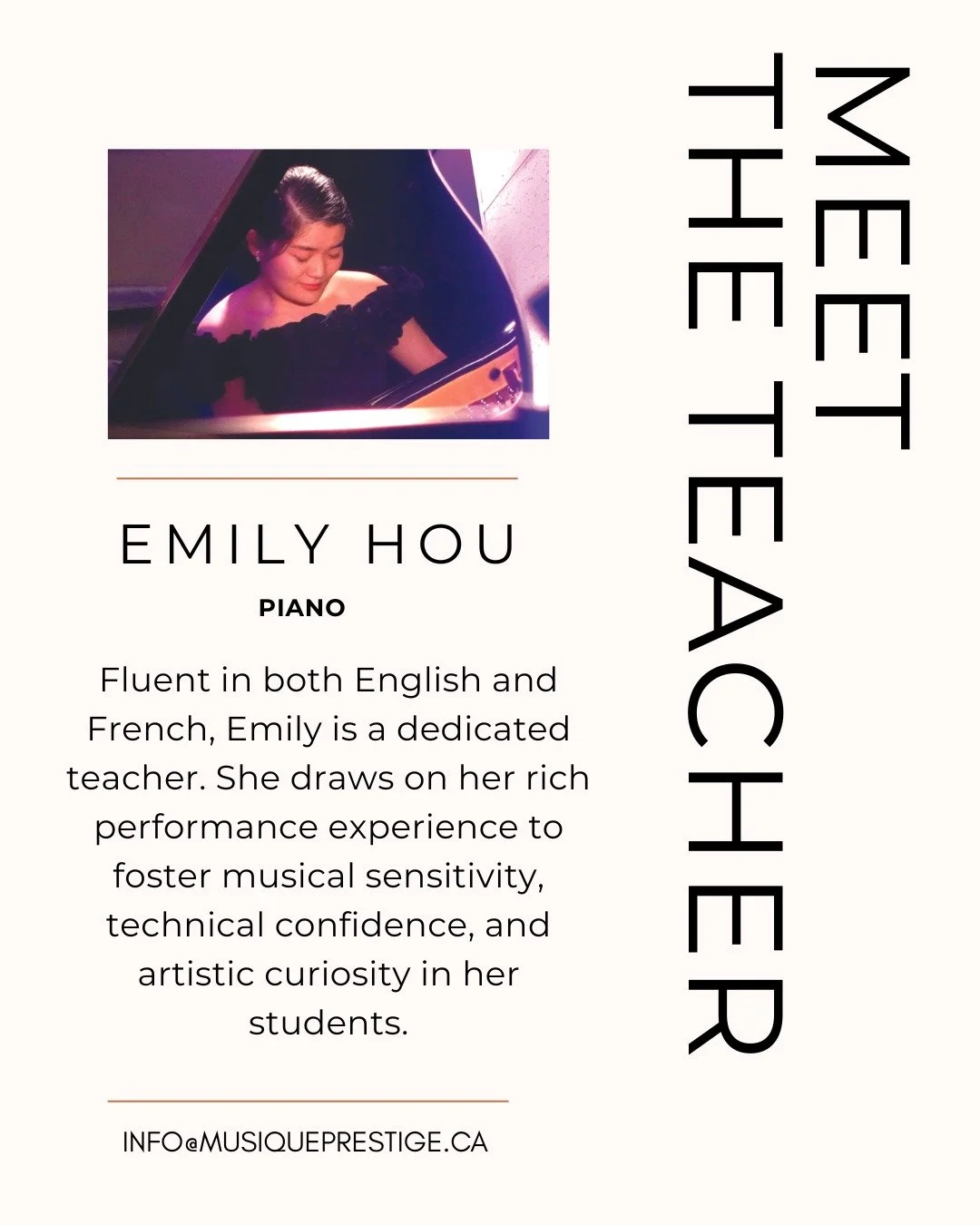 Meet Emily Hou! 🤩 Fluent in English and French, Emily is a dedicated teacher who fosters musical sensitivity, technical confidence, and artistic curiosity. She holds a Master&rsquo;s degree from the Universit&eacute; de Montr&eacute;al, a Bachelor&r