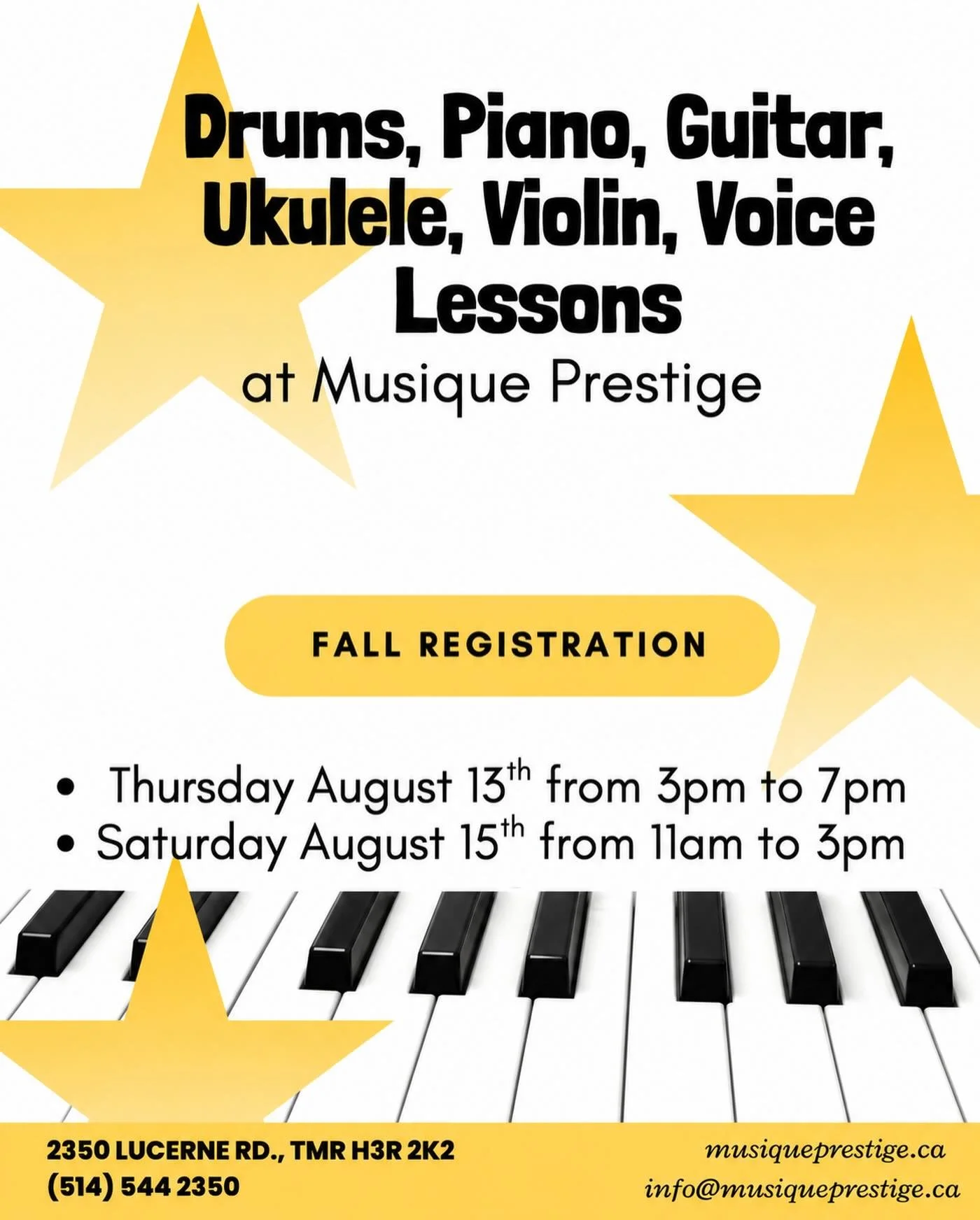 🎶 Fall registration ! 
We are excited to announce that we now offer drum lessons too! 🥁 Along with piano, guitar, violin, ukulele, and voice, there&rsquo;s something for every musician.

Registration dates:
&bull; Thursday, August 13 &mdash; 3 PM t