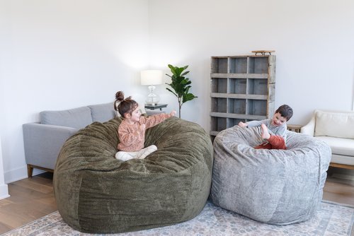 Lifestyle photo  of two children sitting on a Percy Sage and Platinum Haven.