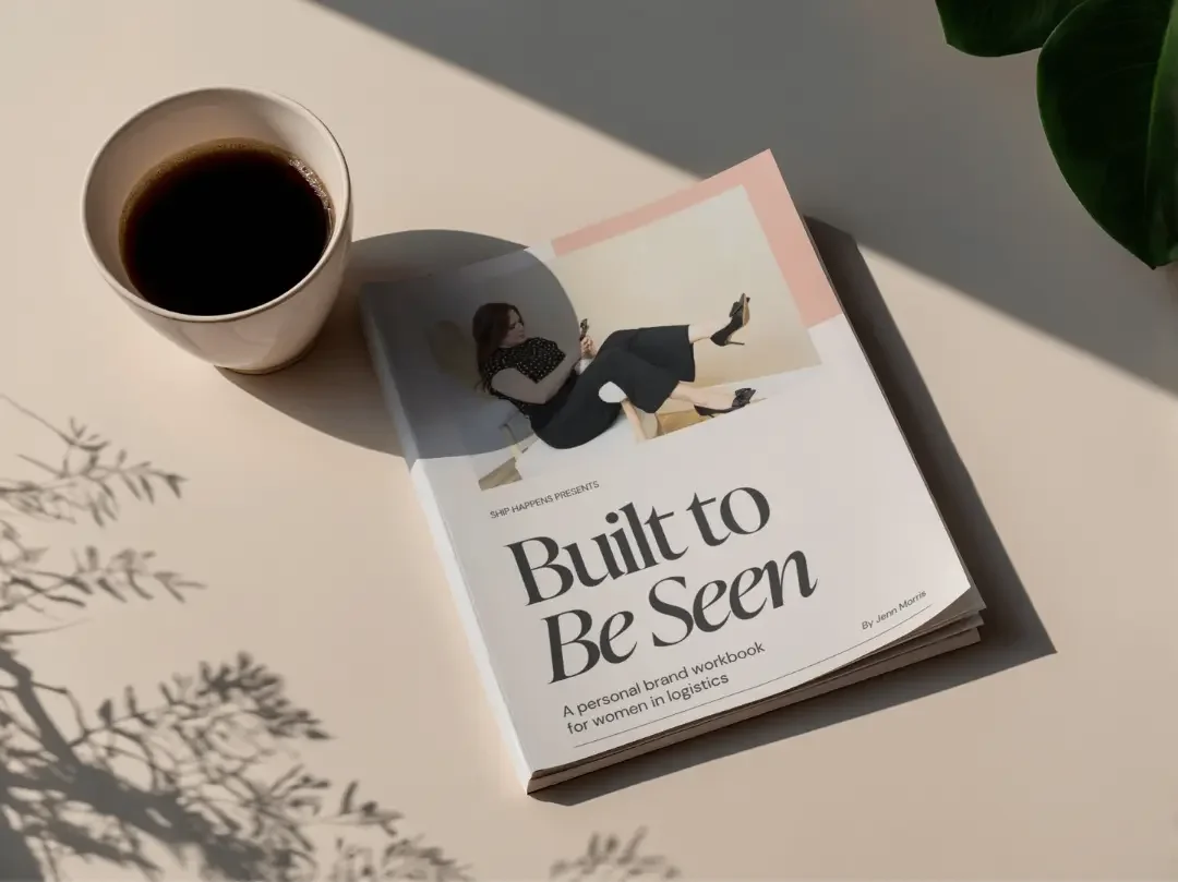 A book titled 'Built to Be Seen' by Jenn Morme, placed on a light-colored surface with a shadow of leaves and a cup of black coffee nearby.