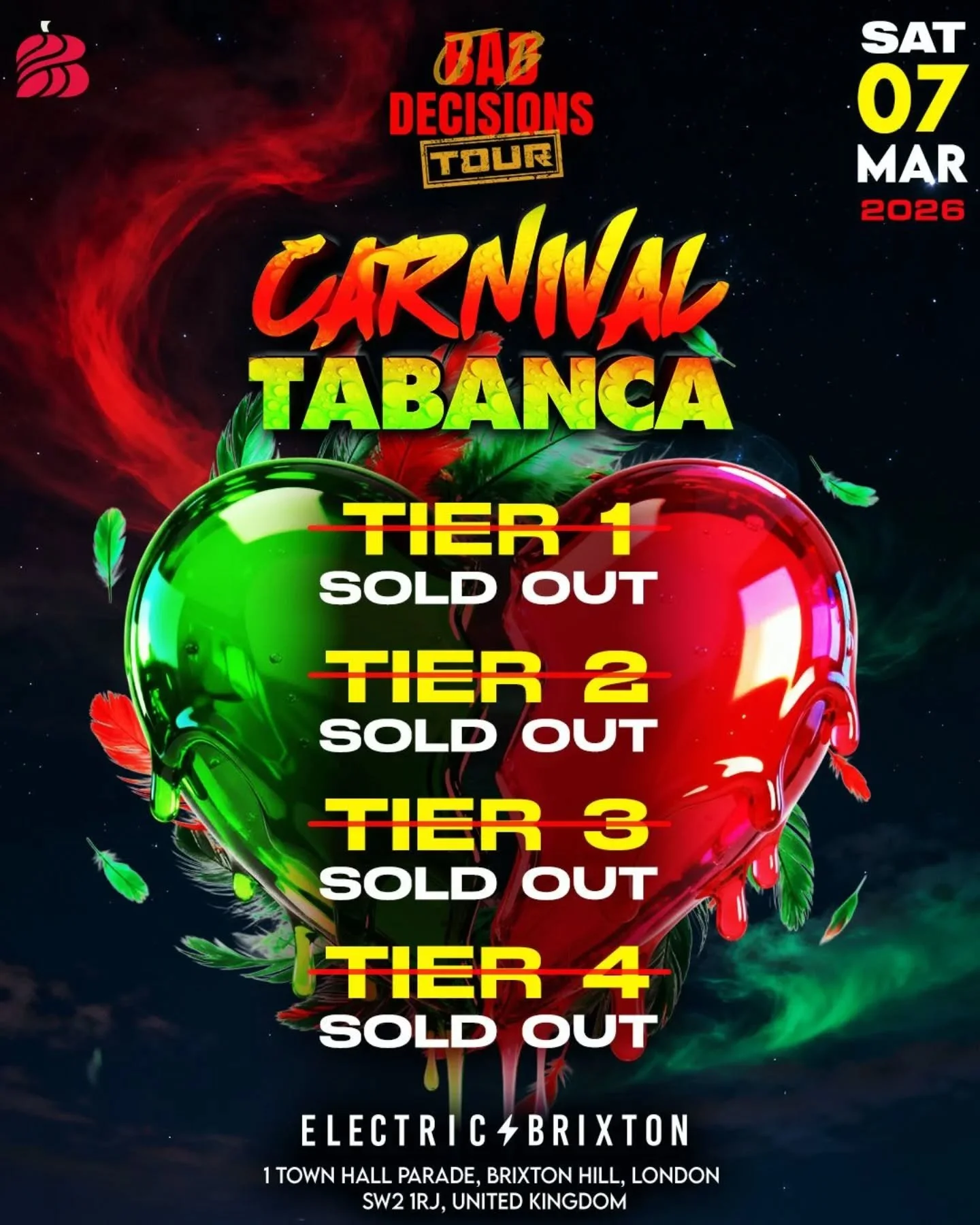 🚨 Tier 4 = GONE ❌🔥

The Jab Decisions Tour is moving FAST! 🇬🇩

Final tickets available now via Eventbrite. Link in bio 🔗 

⚠️ THIS ONE WILL SELL OUT! ⚠️

🗓️ Saturday 7th March 2026
📍 Electric Brixton

#JabDecisions#Busspepper #CarnivalTabanca 