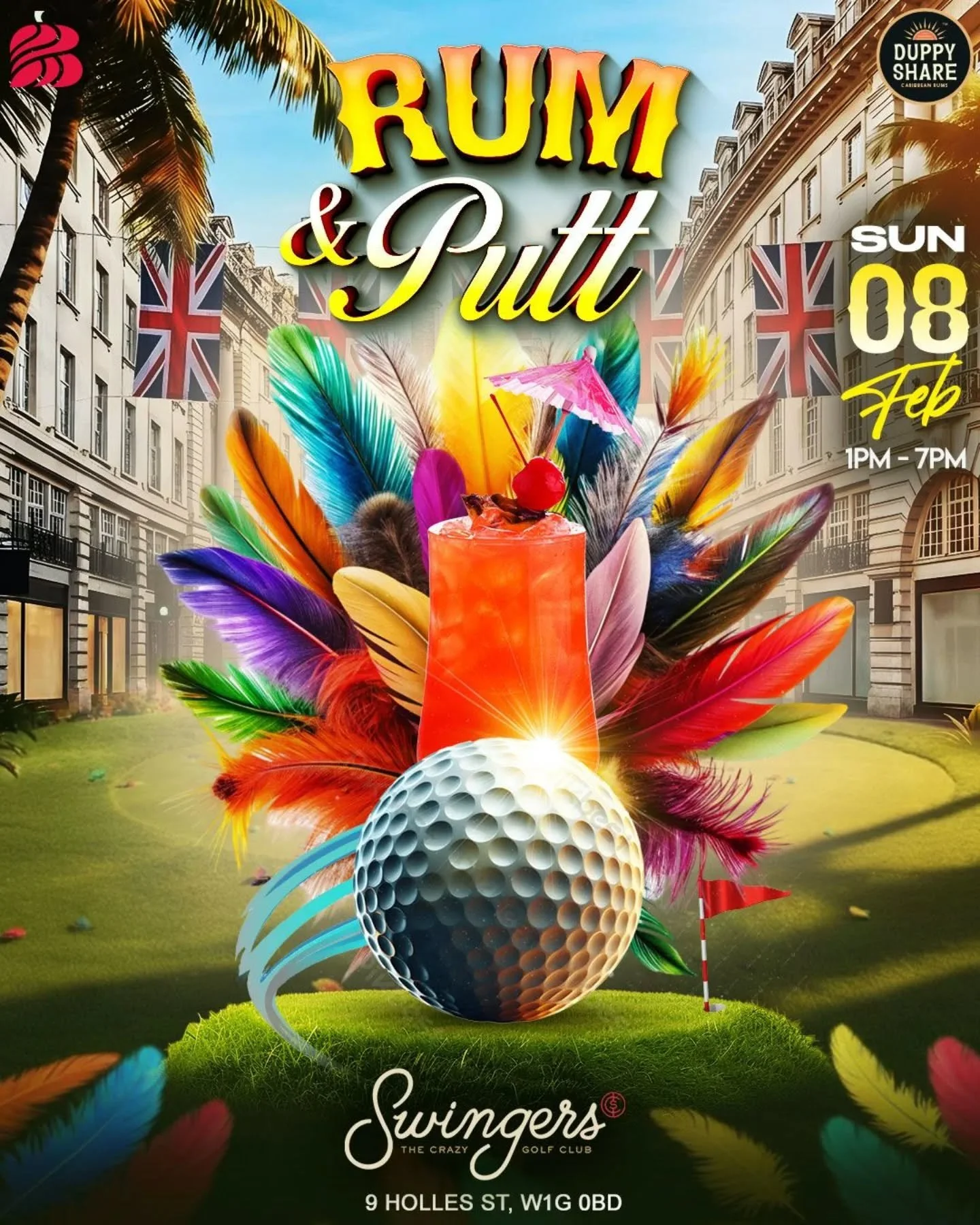 RUM &amp; PUTT 🏌🏽&zwj;♂️🍹🎉

Where Soca meets crazy golf, carnival games, rum &amp; street food!

🍹 Rum cocktail reception by Duppy Share
🎯 Unlimited crazy golf + carnival games
🎧 DJs heating up the dancefloor early

📍 Swingers West End
🗓 Feb