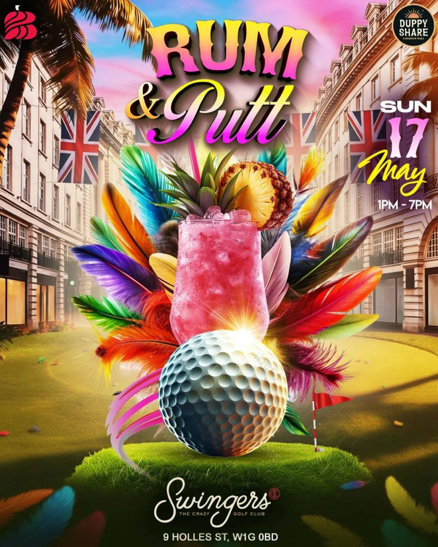 RUM &amp; PUTT 🏌🏽&zwj;♂️🍹🎉

Back by popular demand! 

Where Soca meets crazy golf, carnival games, rum &amp; street food!

🍹 Rum cocktail reception by Duppy Share
🎯 Unlimited crazy golf + carnival games
🎧 DJs heating up the dancefloor! 

📍 Sw