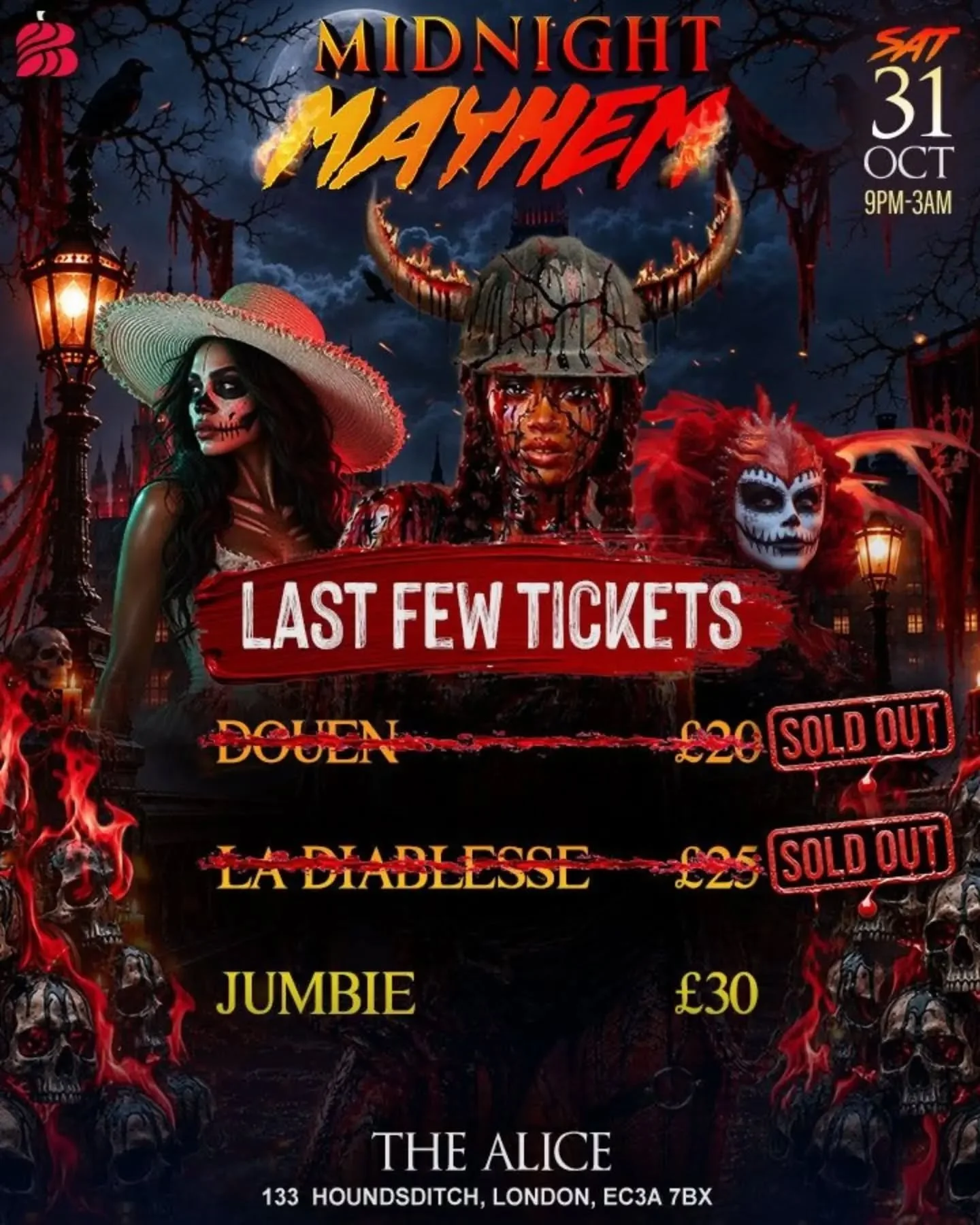 👻 MIDNIGHT MAYHEM &mdash; LAST TICKETS! 🔥

The countdown is on&hellip; and Douen &amp; La Diablesse are SOLD OUT! 😈

Only the JUMBIE tickets are left!

Once they&rsquo;re gone, THAT&rsquo;S IT!🎃🩸

🗓️ Saturday 31st October
⏰ 9PM &ndash; 3AM
📍 T