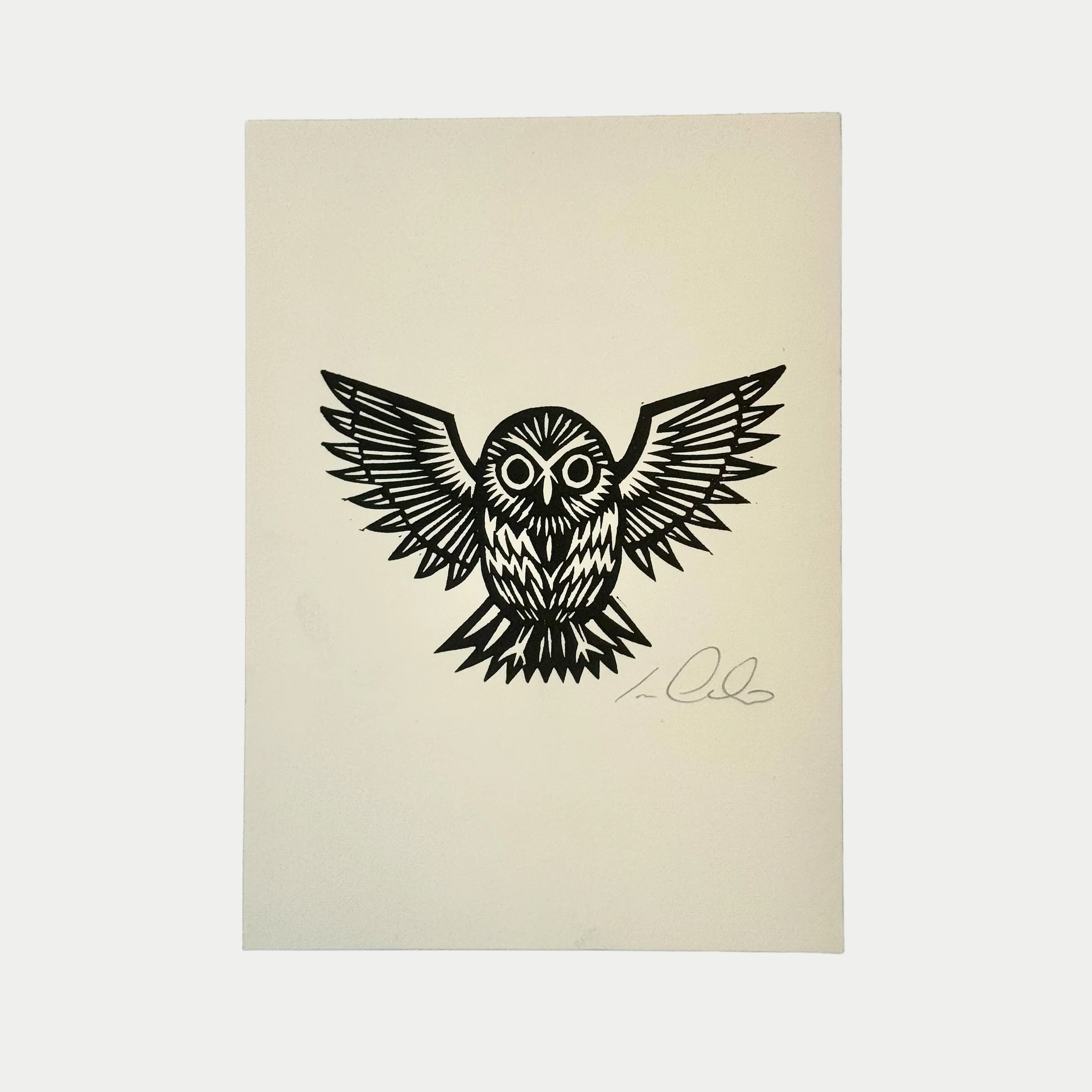 Black and white illustration of an owl with outstretched wings on white paper.