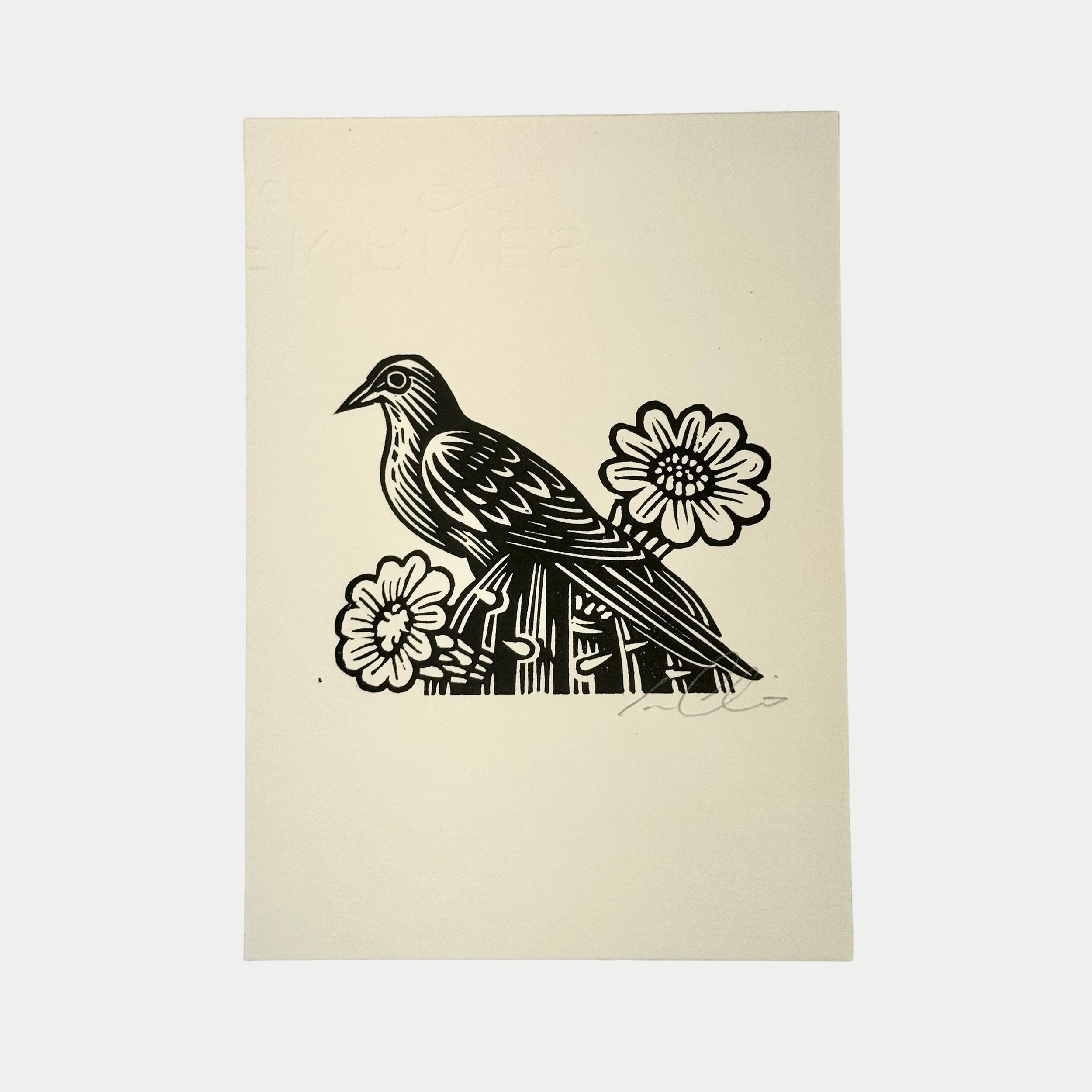 A black and white illustration of a bird perched on a fence post, surrounded by two flowers.