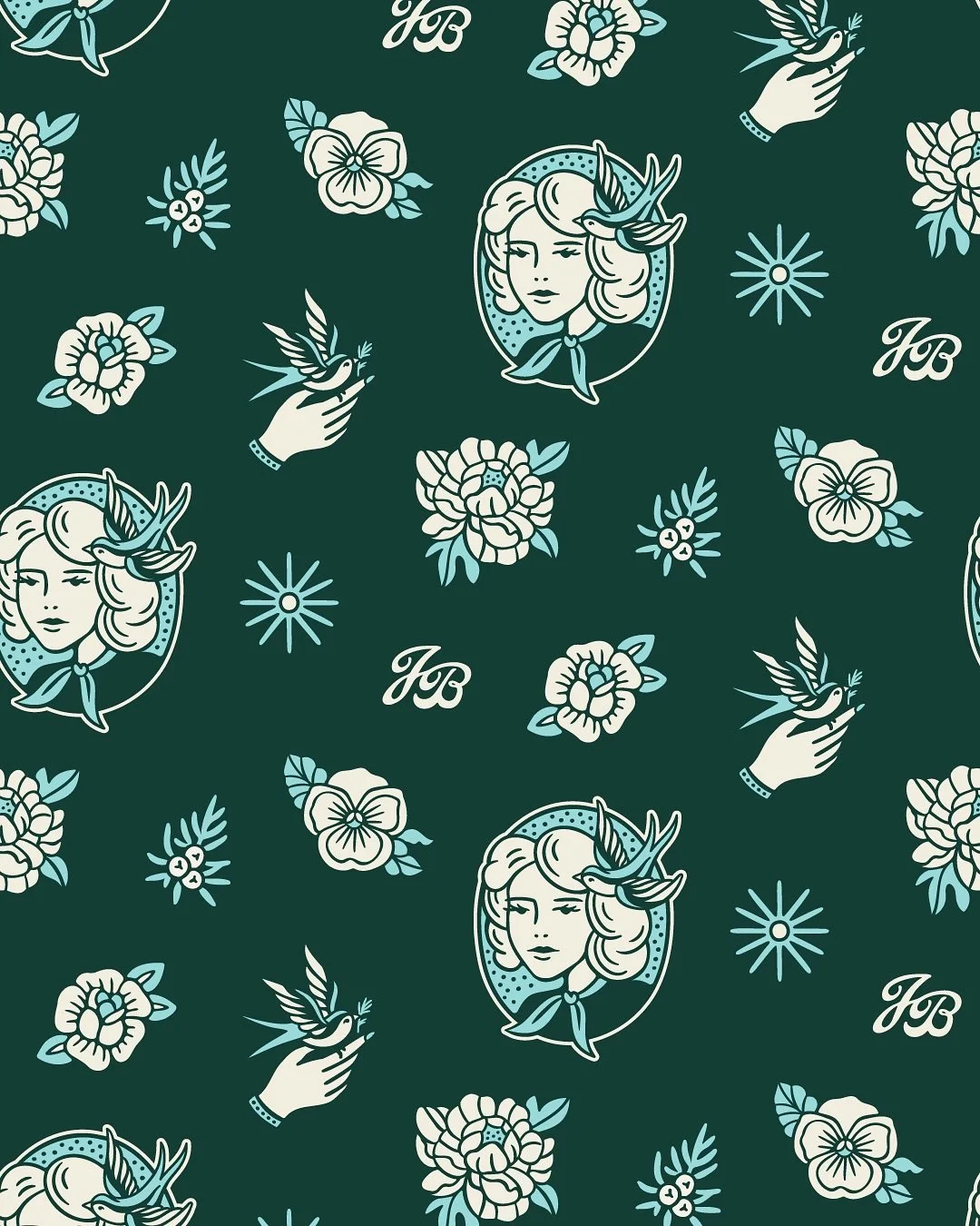 A little spotlight on @juniperbyrdhairco&rsquo;s brand pattern! ✨😍 Diving into a new illustration project today&mdash;exporting assets, and starting merch design for a software client.