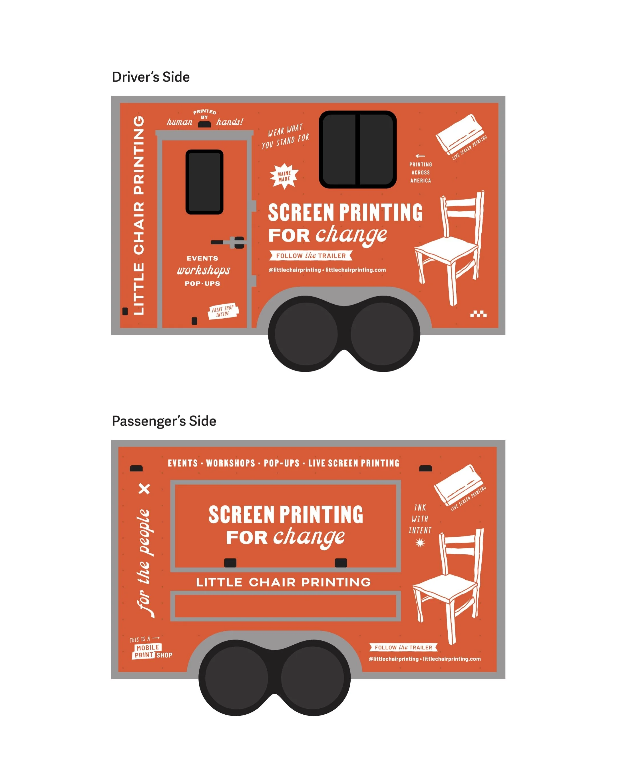Had a blast designing these graphics for @littlechairprinting&rsquo;s new mobile screen printing trailer! 

We created a collection of individual decals that build on the existing Little Chair brand and work together across the trailer. Lots of fun t