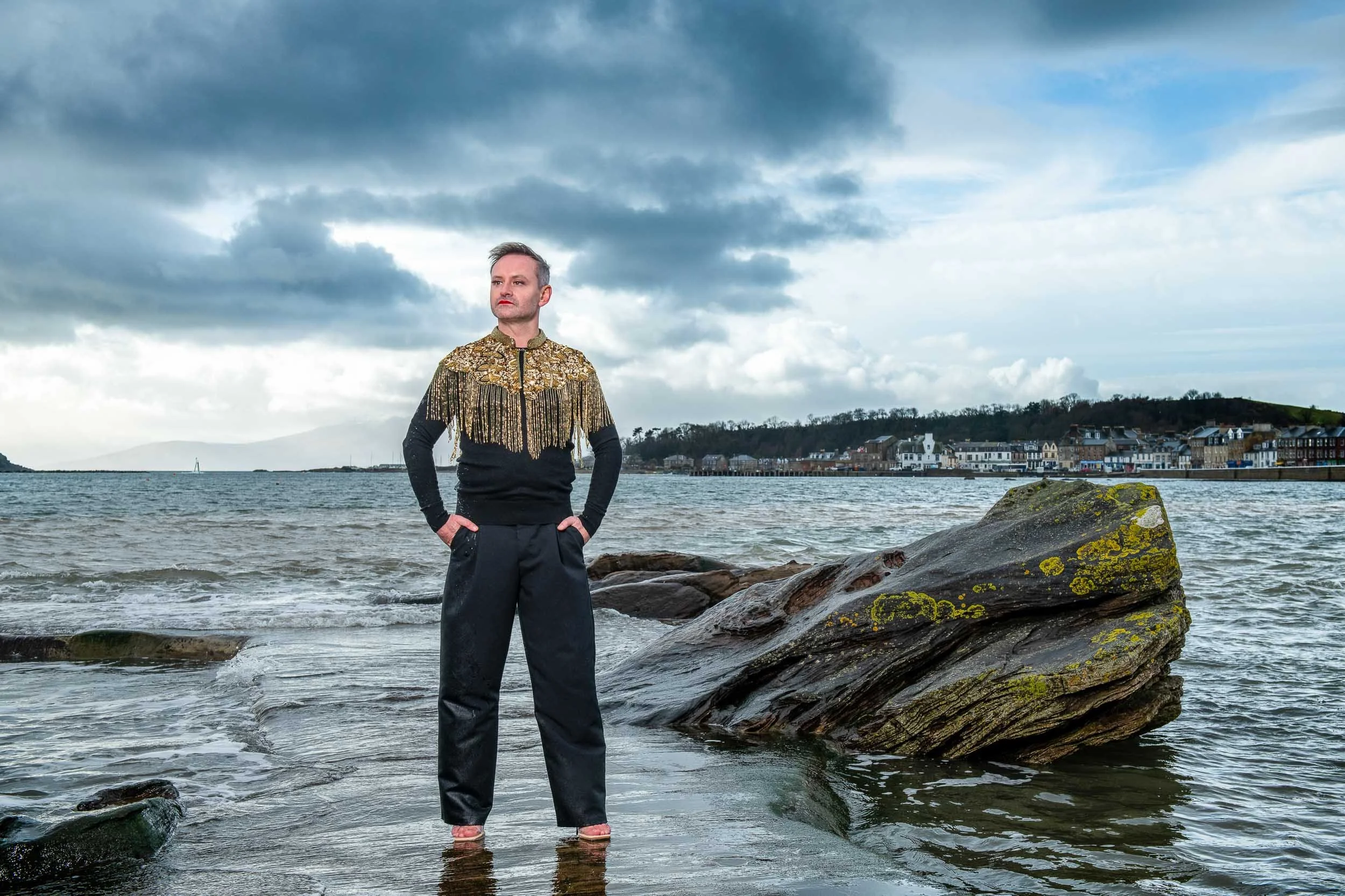 Actor Darren Brownlie in Millport.   Promo photo shoot for Sleeping Warrior Theatre Company's 'Crocodile Rock' show.