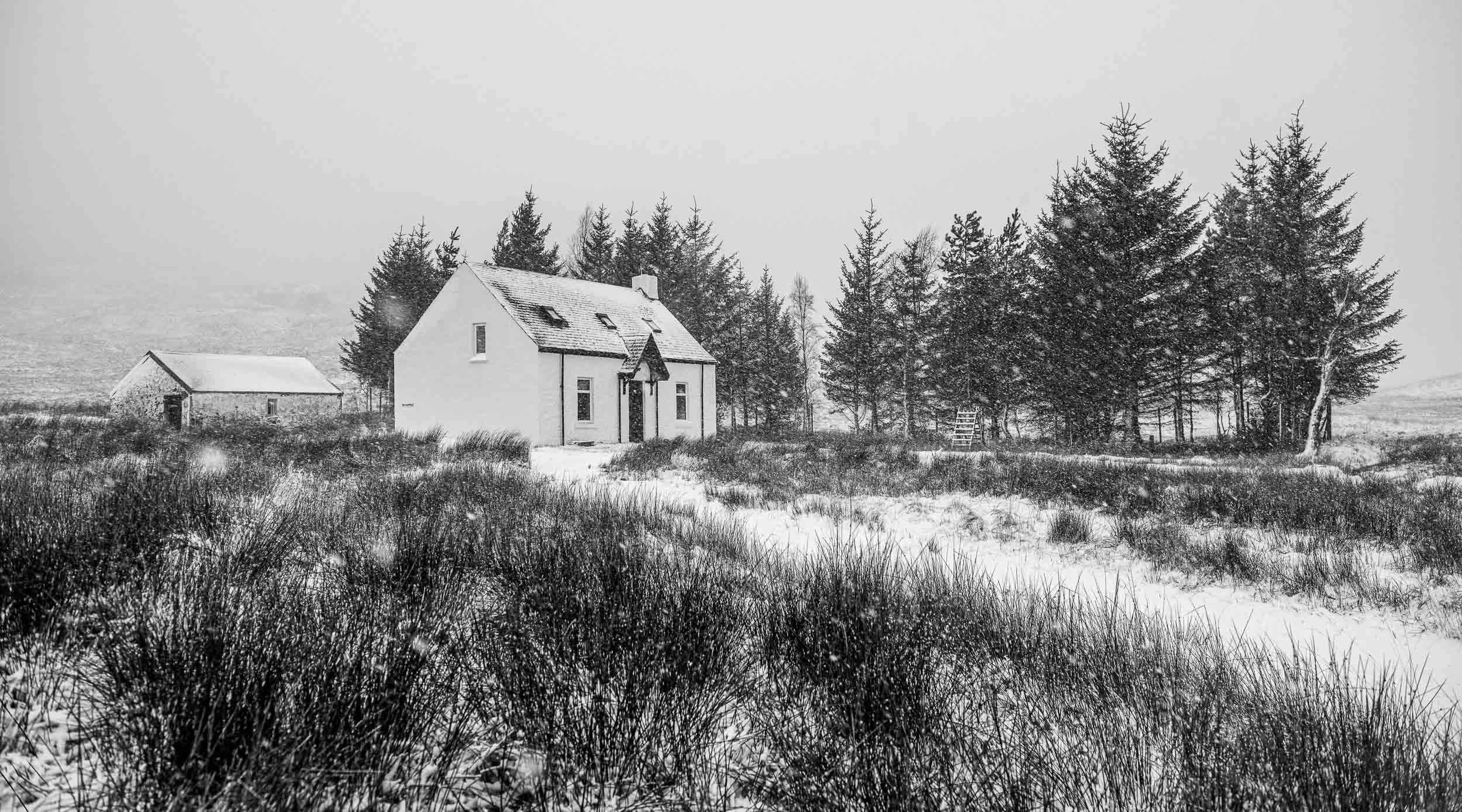 Blizzard at The Wee White House.  Winter landscape photography at Glencoe.