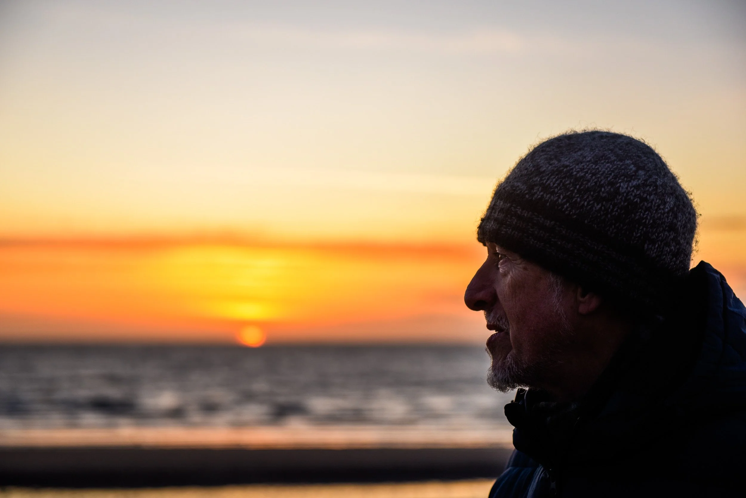 Ayrshire portrait of man on Prestwick beach at sunset