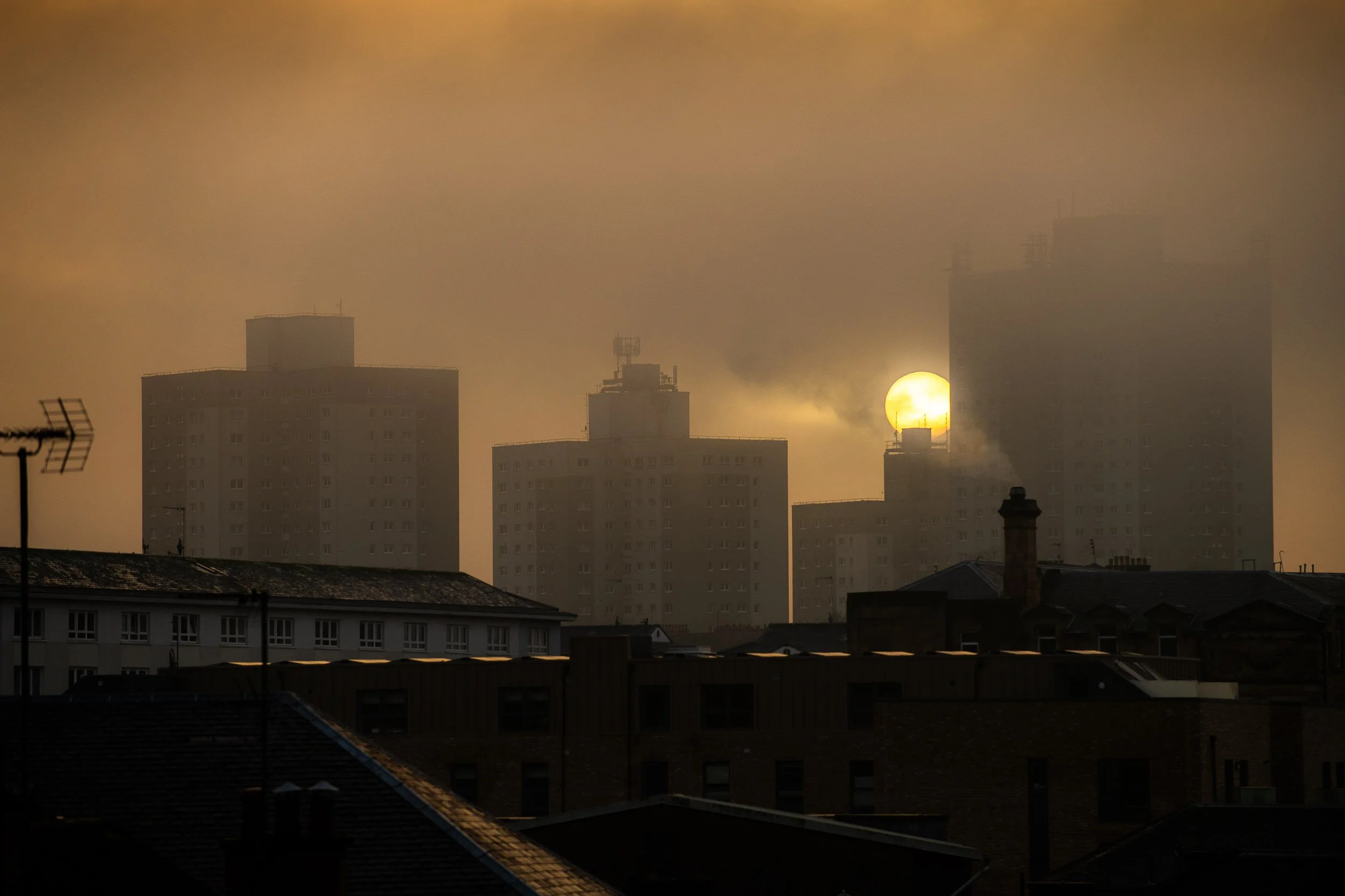 'Hazy Highrise Sun'.  Glasgow cityscape in the Southside photograph.