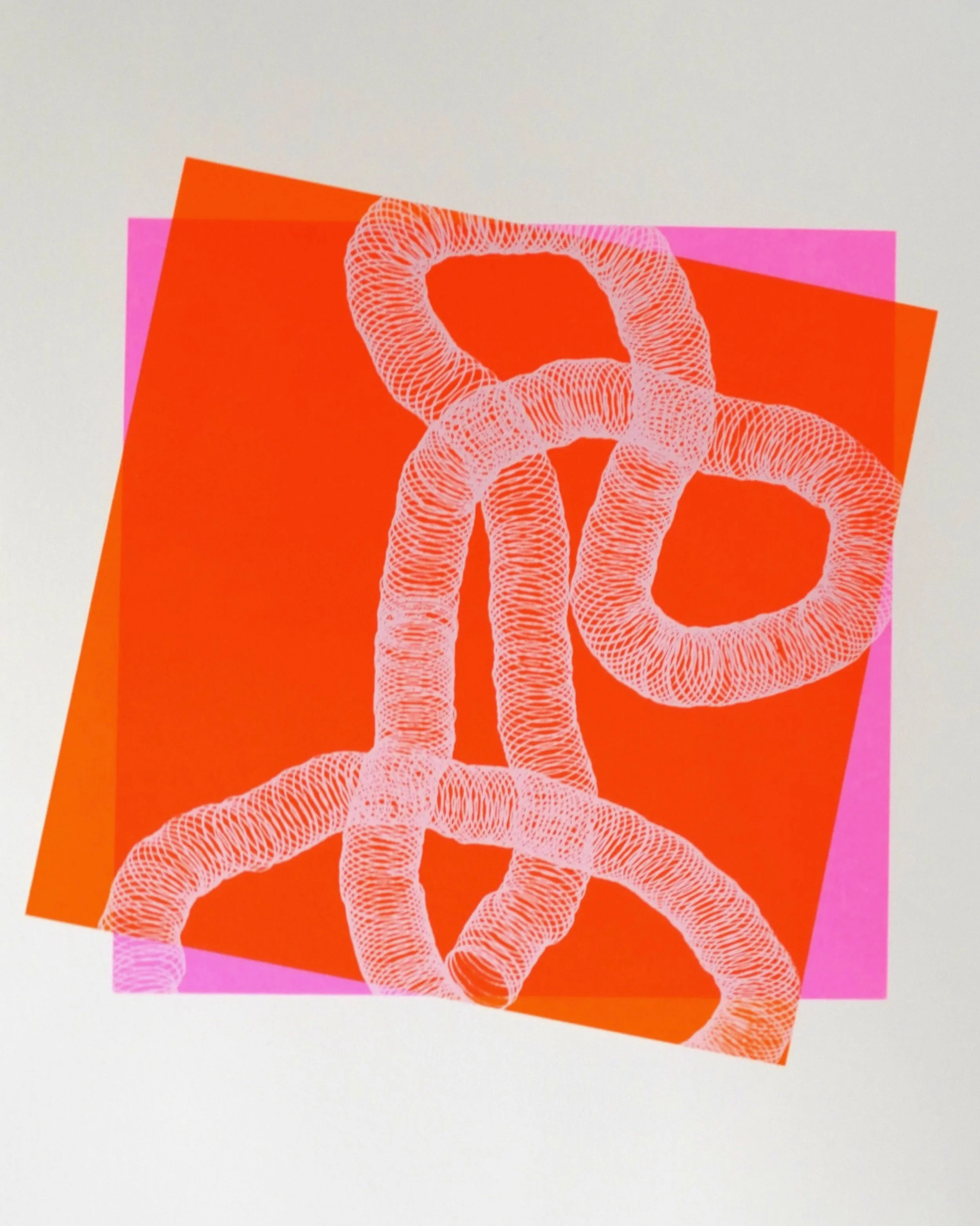 Coils on orange and pink squares, screen-print