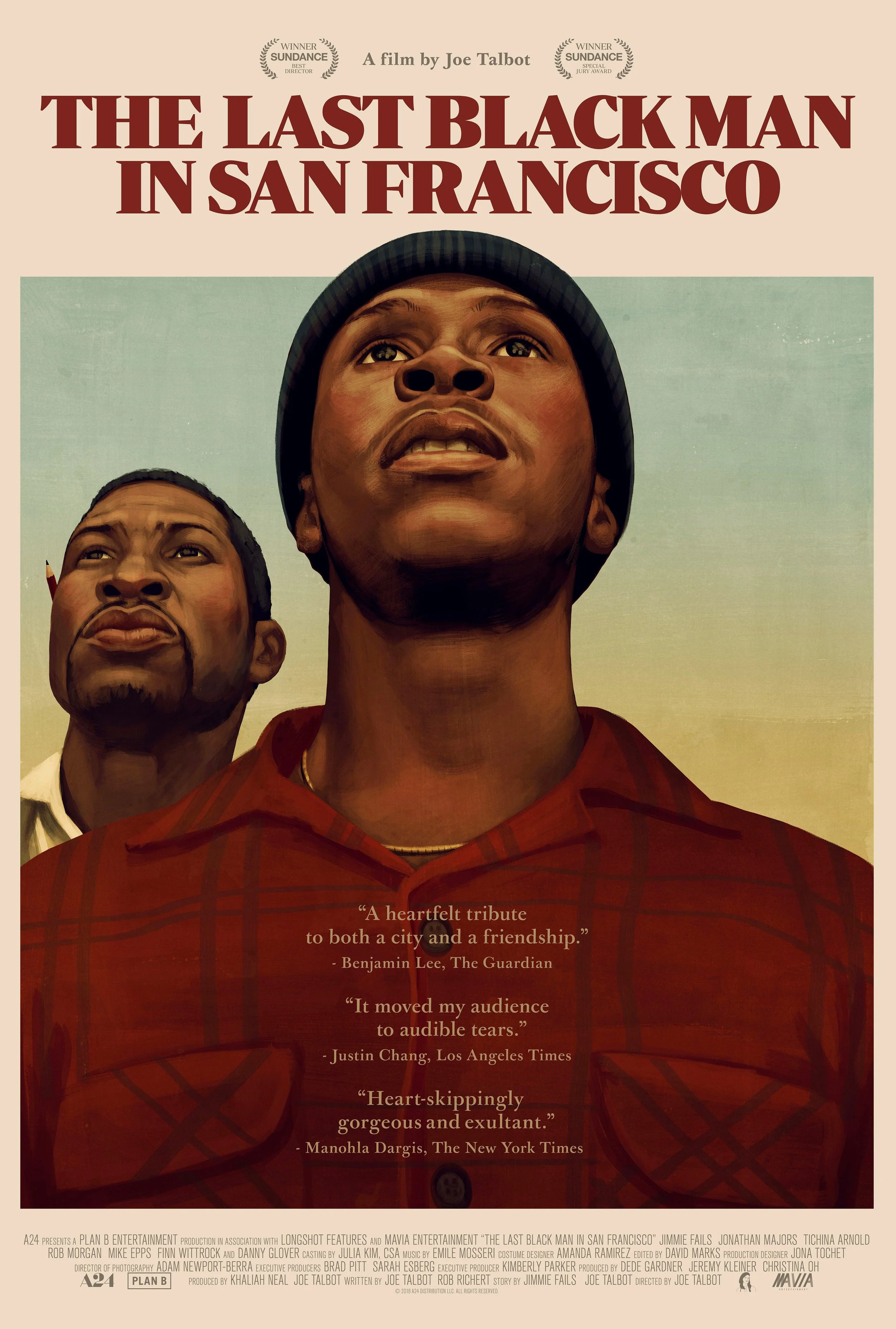 Poster for the film "The Last Black Man in San Francisco" showing two Black men, one in the foreground and one in the background, both looking upward. The man in front is wearing a black beanie and a red plaid shirt. The poster includes quotes and film awards.