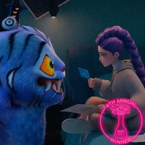 A surreal scene of a black dog riding on the back of a large bird, possibly a hawk or eagle, flying through a starry sky with a nebula-like background. There is a circular emblem in the bottom right corner that reads "The 5th Annual Dillweed Society Excellence in Film Awards Winner."