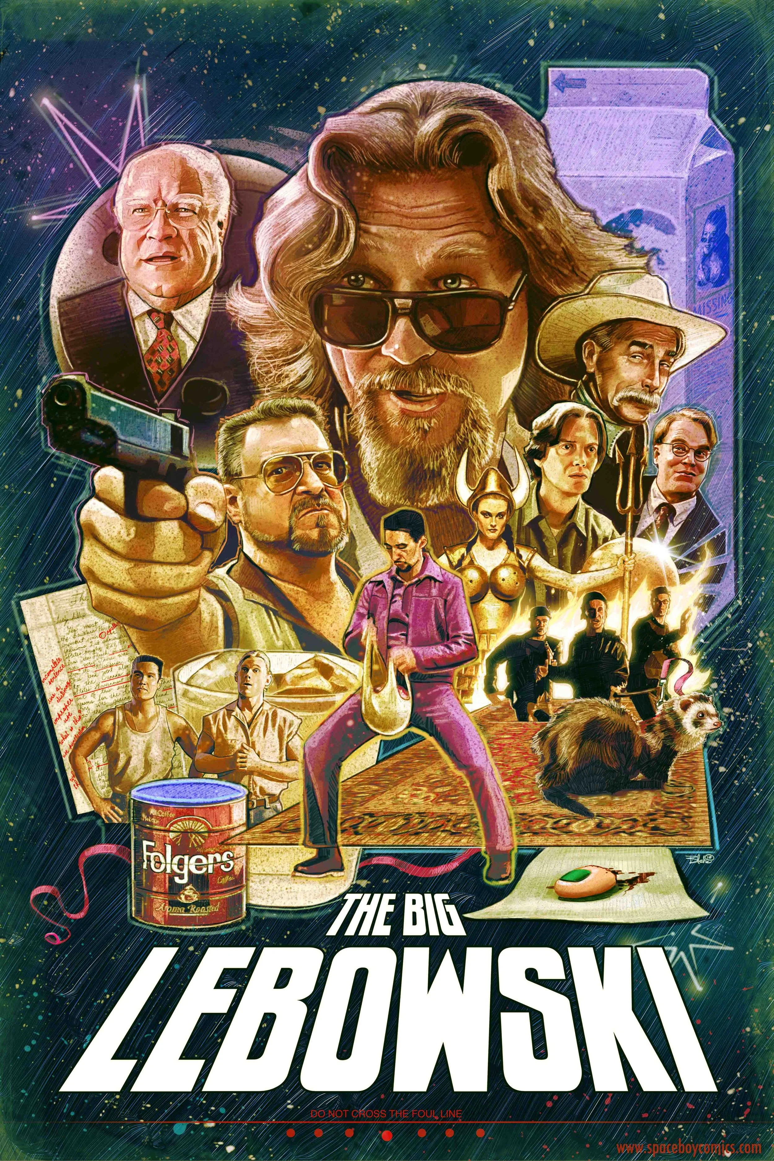 A colorful, stylized illustration of characters from the movie 'The Big Lebowski,' including Jeff Bridges' character with sunglasses, John Goodman holding a gun, and other main characters in various poses, with the movie title at the bottom.