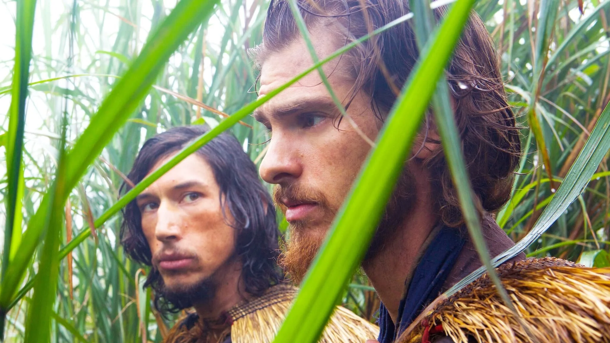 Two men with long hair and beards in tall green grass, one looking directly at camera and the other looking to the side, dressed in rustic clothing.